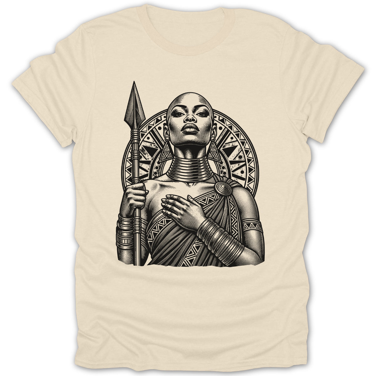 Black and white illustration of a bald warrior woman holding a spear on a cream t-shirt.
