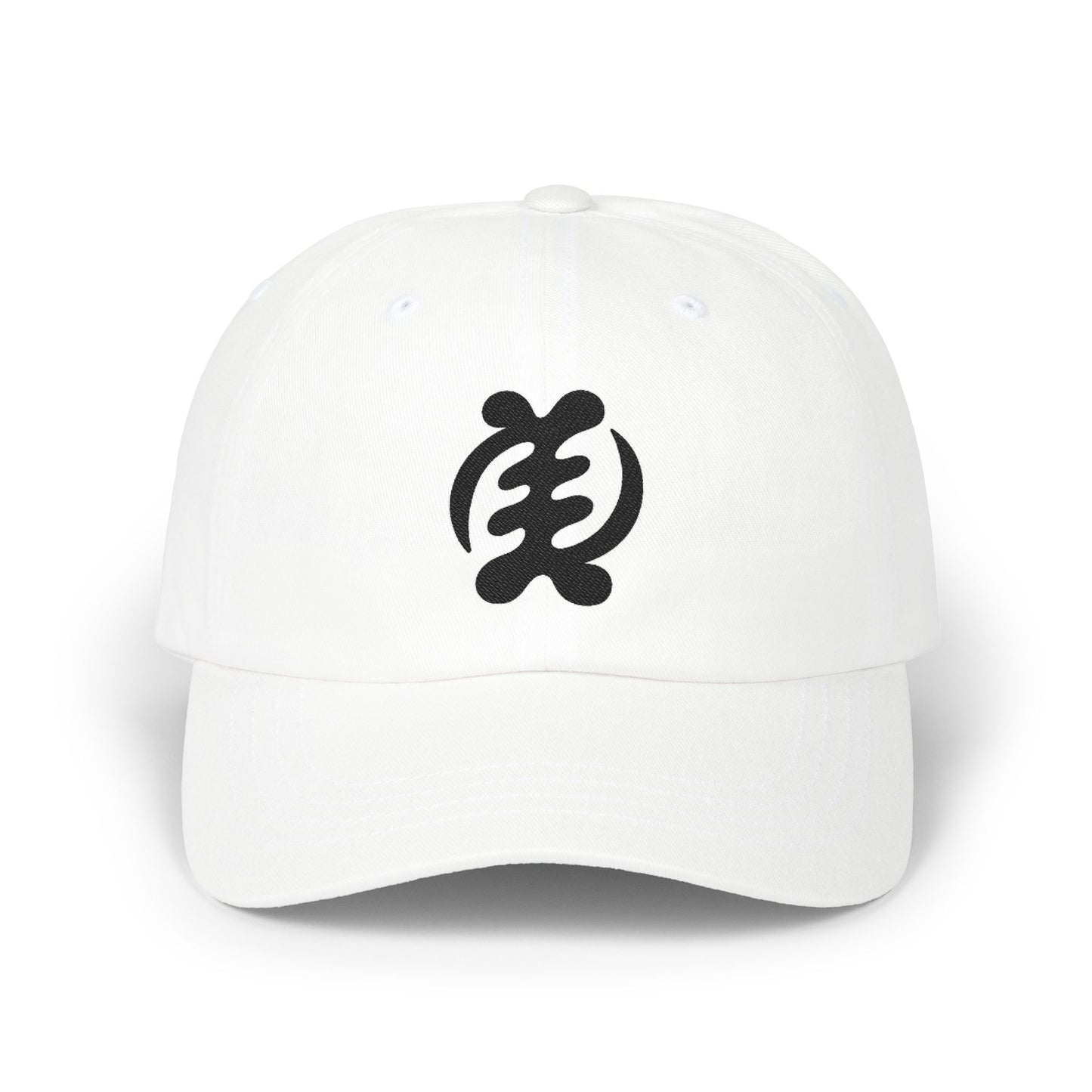 White baseball cap with a black Adinkra symbol called Gye Nyame.