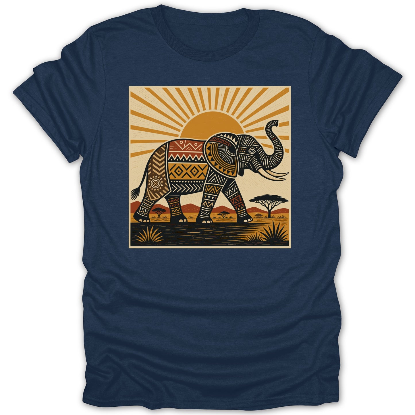 Stylized elephant with geometric patterns walks across savanna under a sunburst.