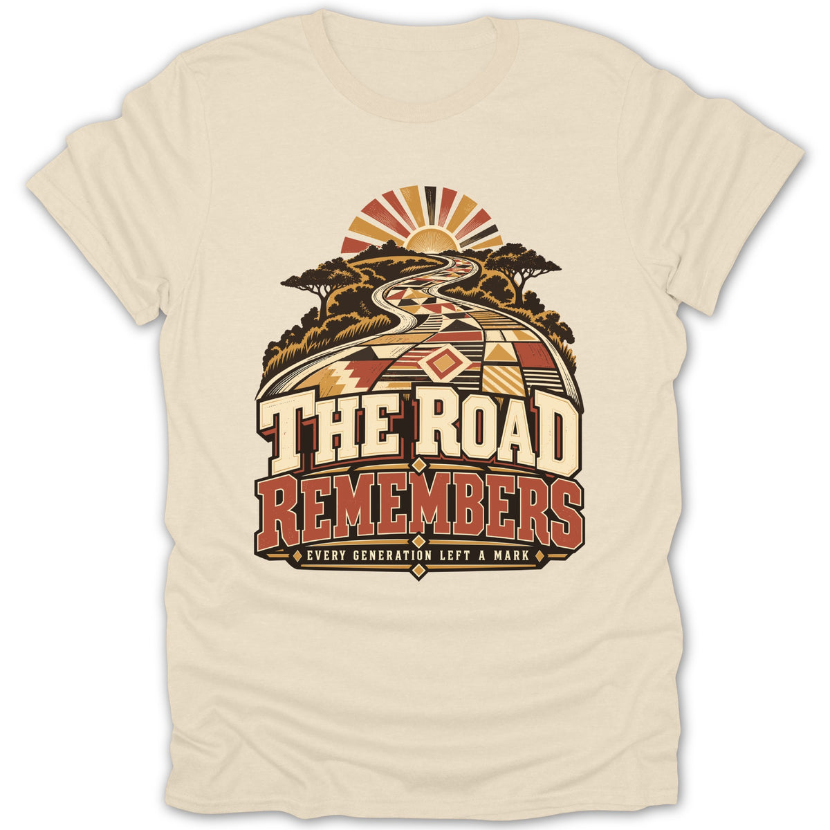 Cream t-shirt with "The Road Remembers" graphic and a desert road scene.
