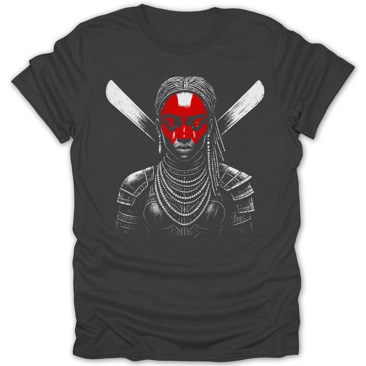 Dark t-shirt with graphic of warrior woman with red face paint and crossed swords.