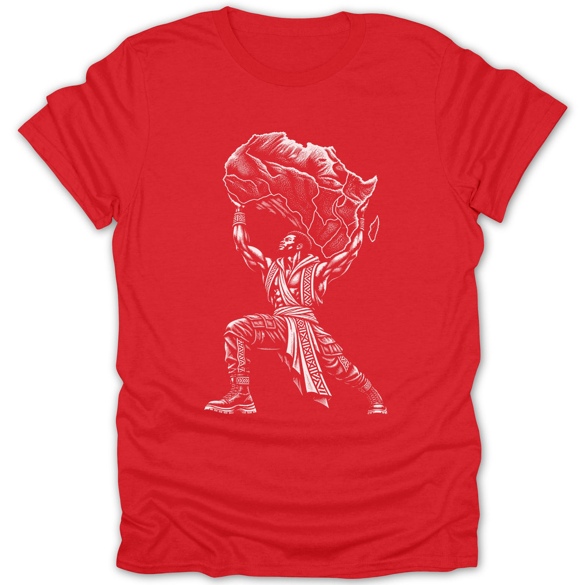 Man holding the continent of Africa above his head, white graphic on red t-shirt.