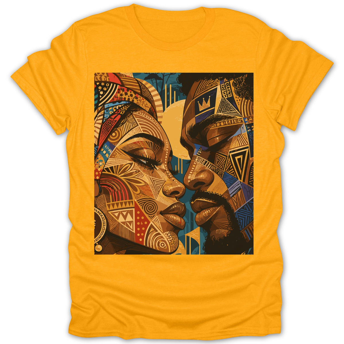 T-shirt with abstract black couple artwork featuring geometric patterns and warm colors.
