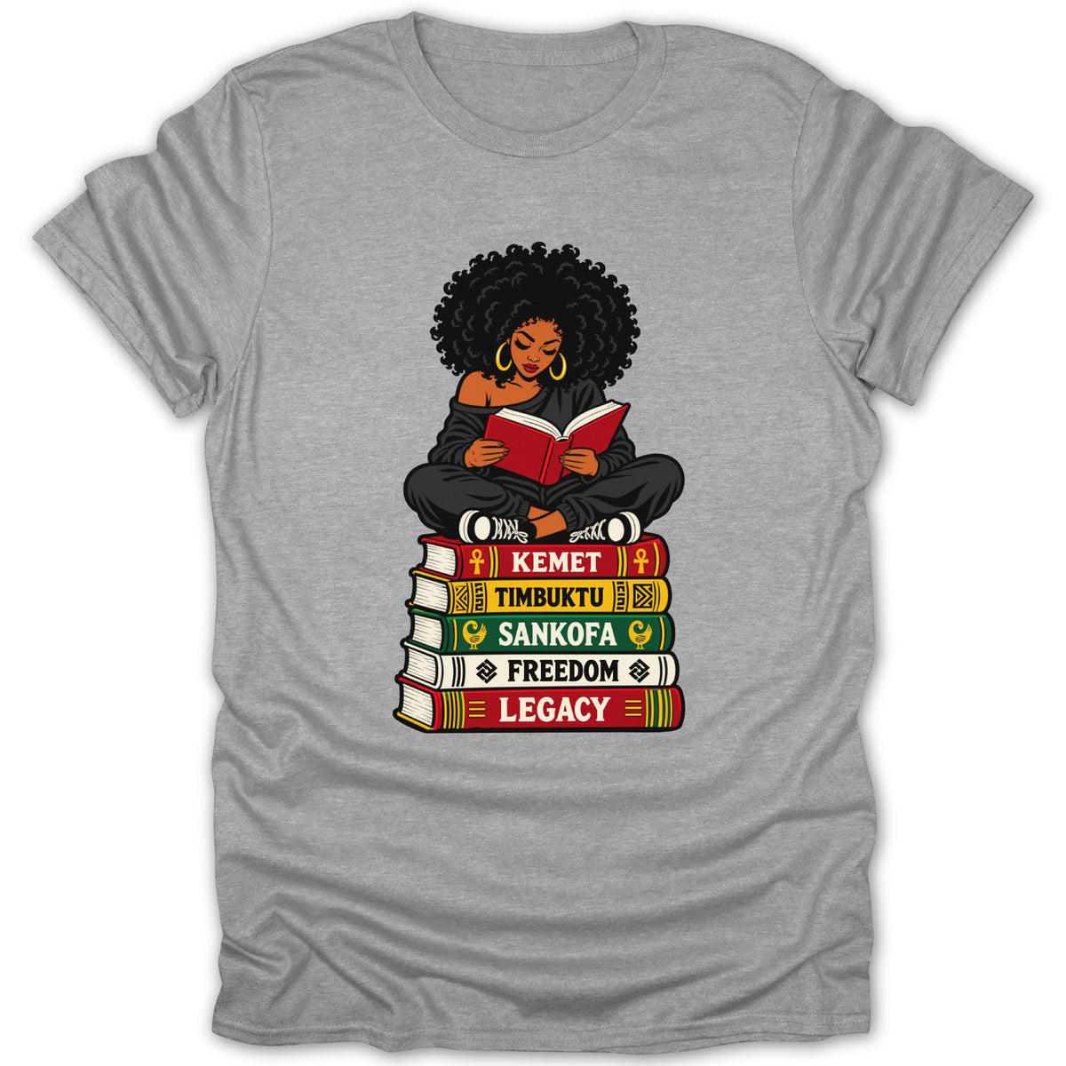 Woman reading on stack of books labeled Kemet, Timbuktu, Sankofa, Freedom, Legacy.