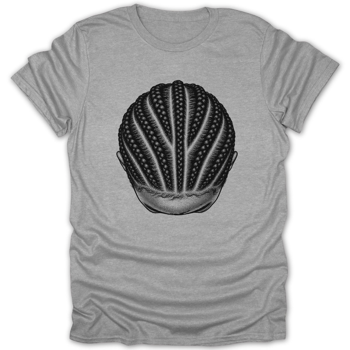 Black and white illustration of cornrows on a gray t-shirt.