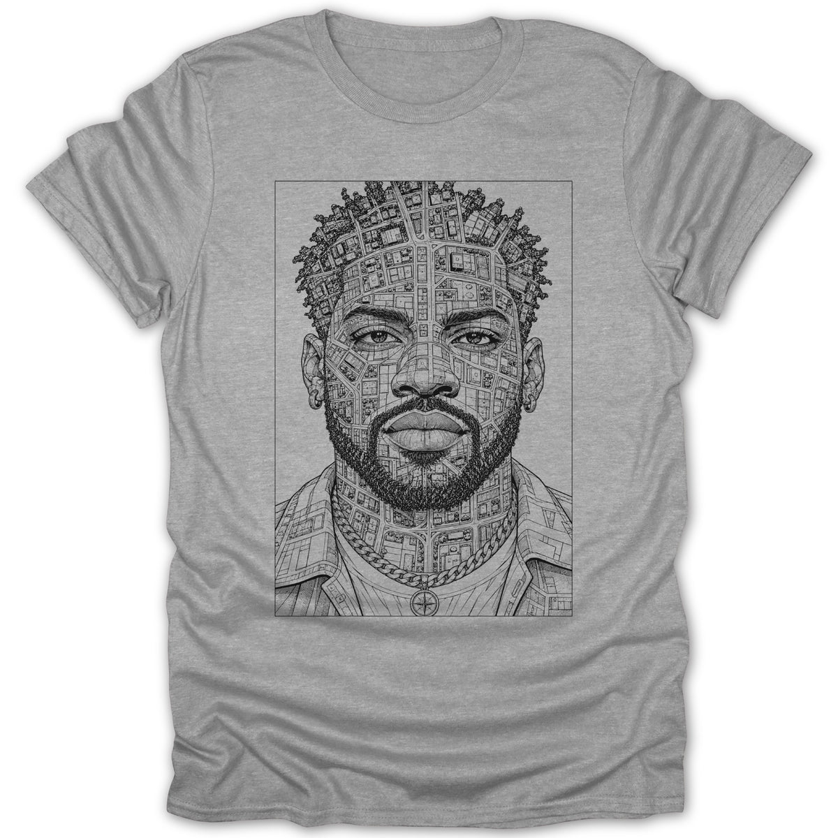 Grey t-shirt with a black and white line drawing of a man's face composed of city blocks.