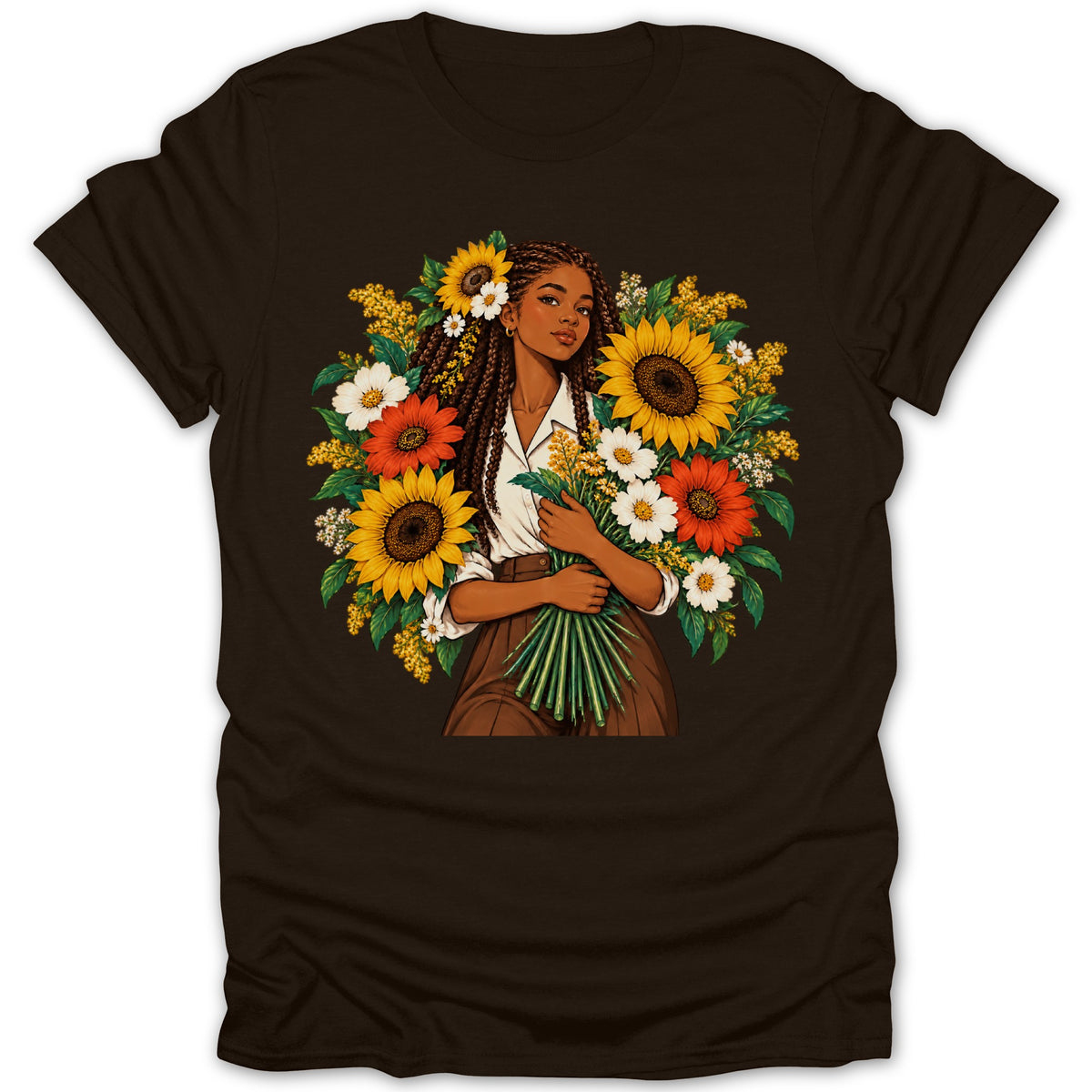 Illustration of a woman with braids holding a bouquet of sunflowers and other flowers.