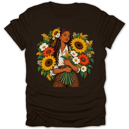 Illustration of a woman with braids holding a bouquet of sunflowers and other flowers.