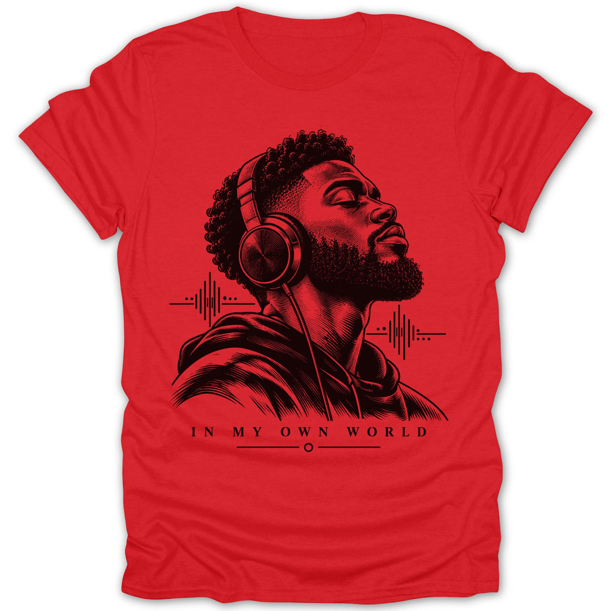 Black ink illustration of a man wearing headphones on a red t-shirt with text "IN MY OWN WORLD".