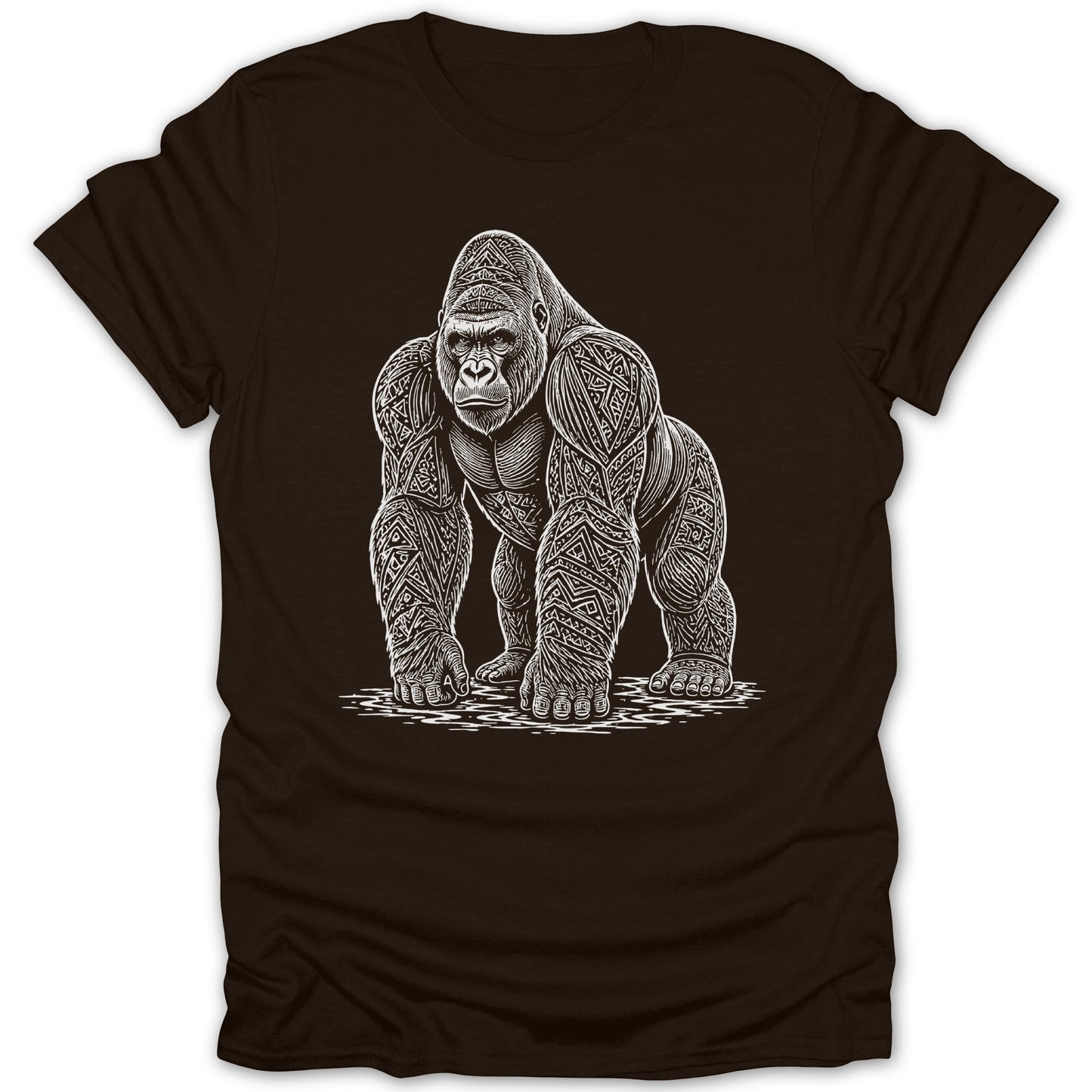 Brown t-shirt with a white line drawing of a gorilla with tribal patterns.