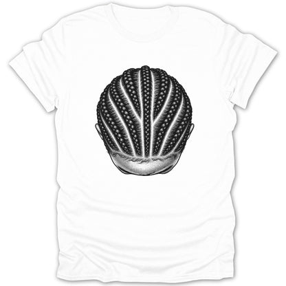 White t-shirt with a black and white illustration of braided hair from a top-down perspective.