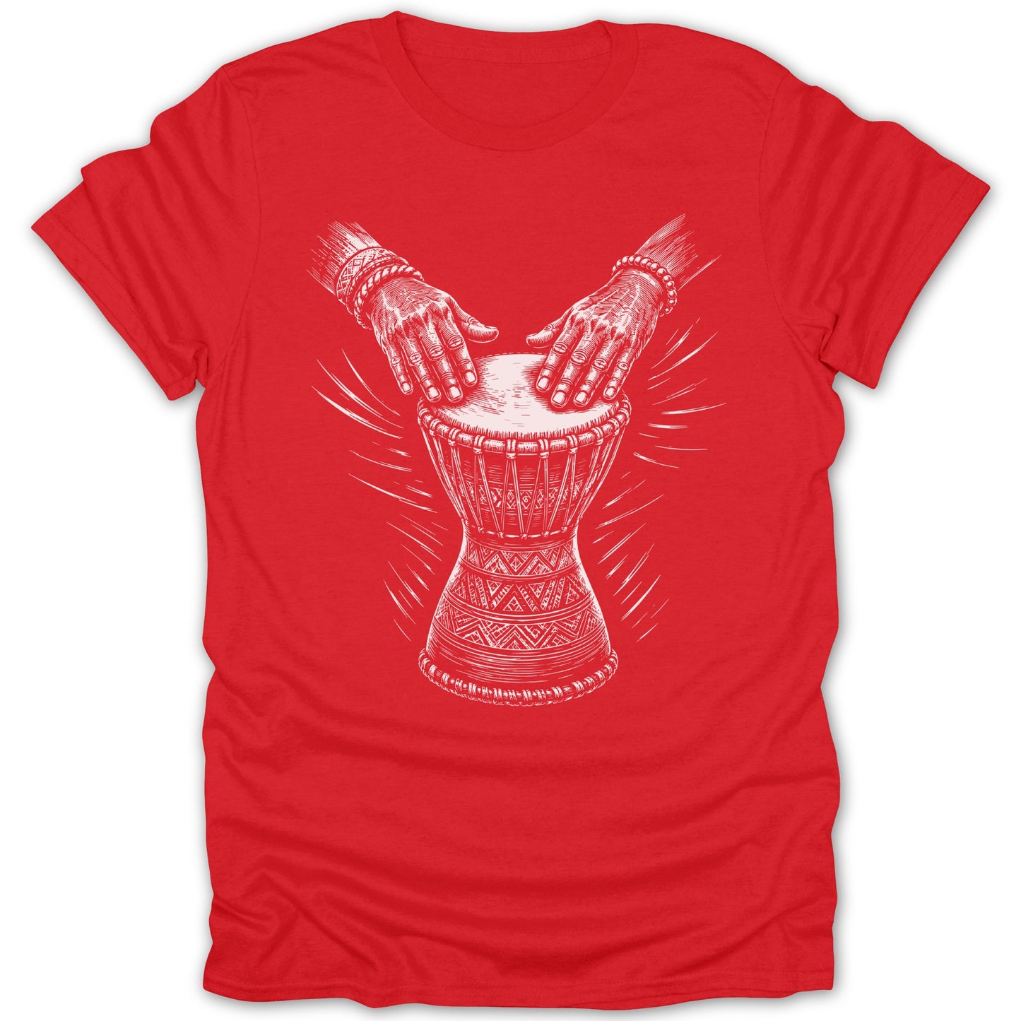 Red t-shirt with white line art of hands playing a djembe drum.
