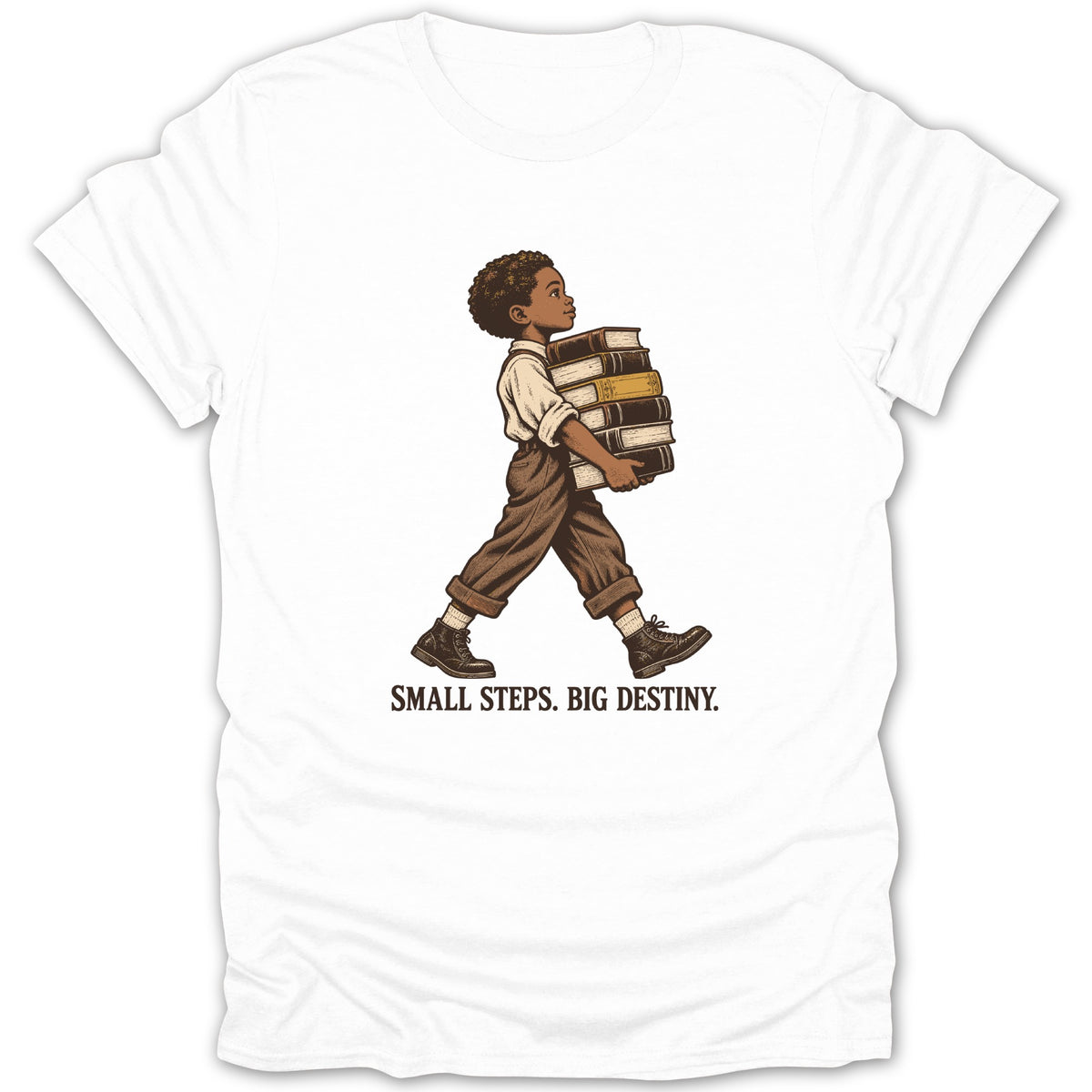 Illustration of a young Black child walking with a stack of books, text "SMALL STEPS. BIG DESTINY."