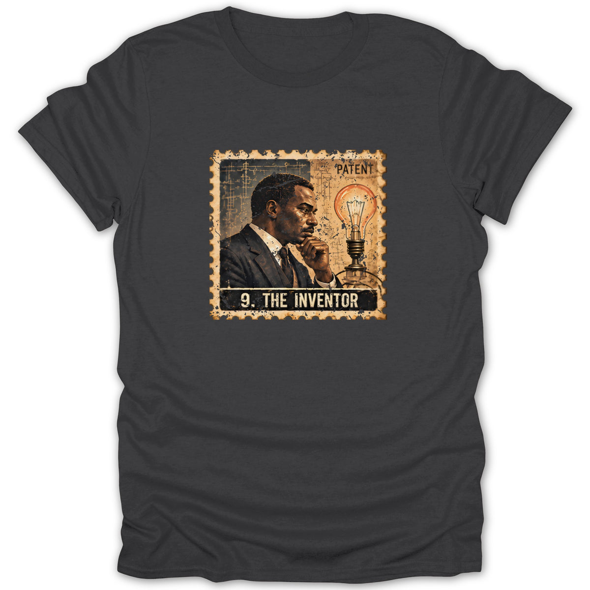 A dark gray t-shirt featuring a vintage postage stamp design with a thoughtful man and a lightbulb.