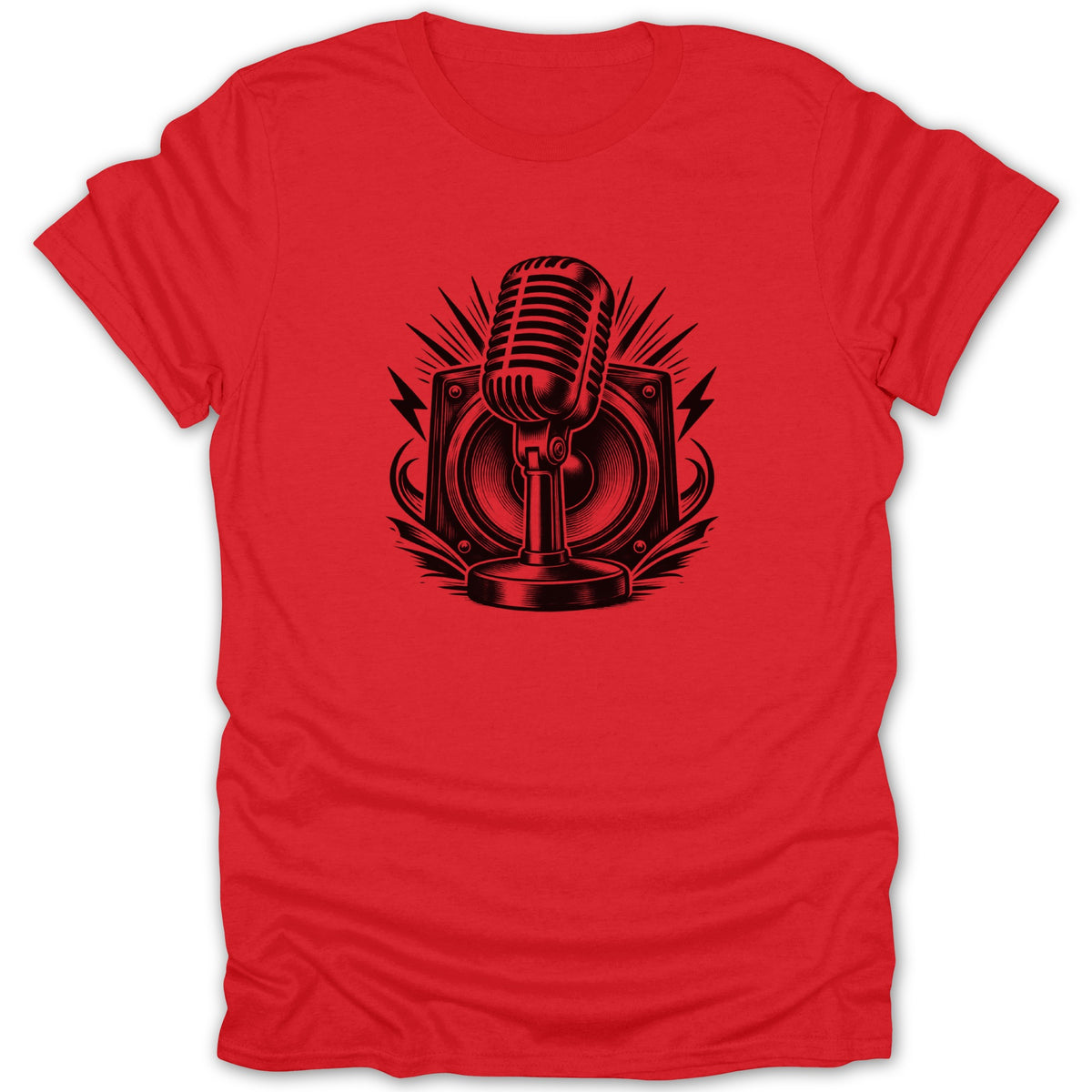 Red t-shirt with vintage microphone and speaker graphic