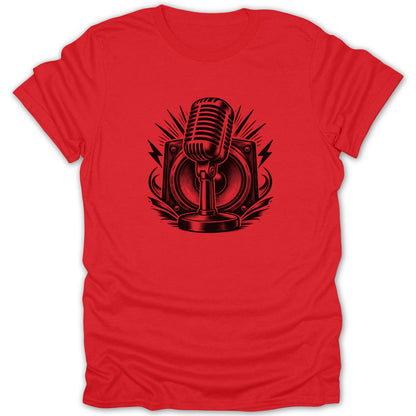 Red t-shirt with vintage microphone and speaker graphic