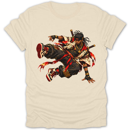Illustration of a martial artist in dynamic pose with swords on a light colored t-shirt.
