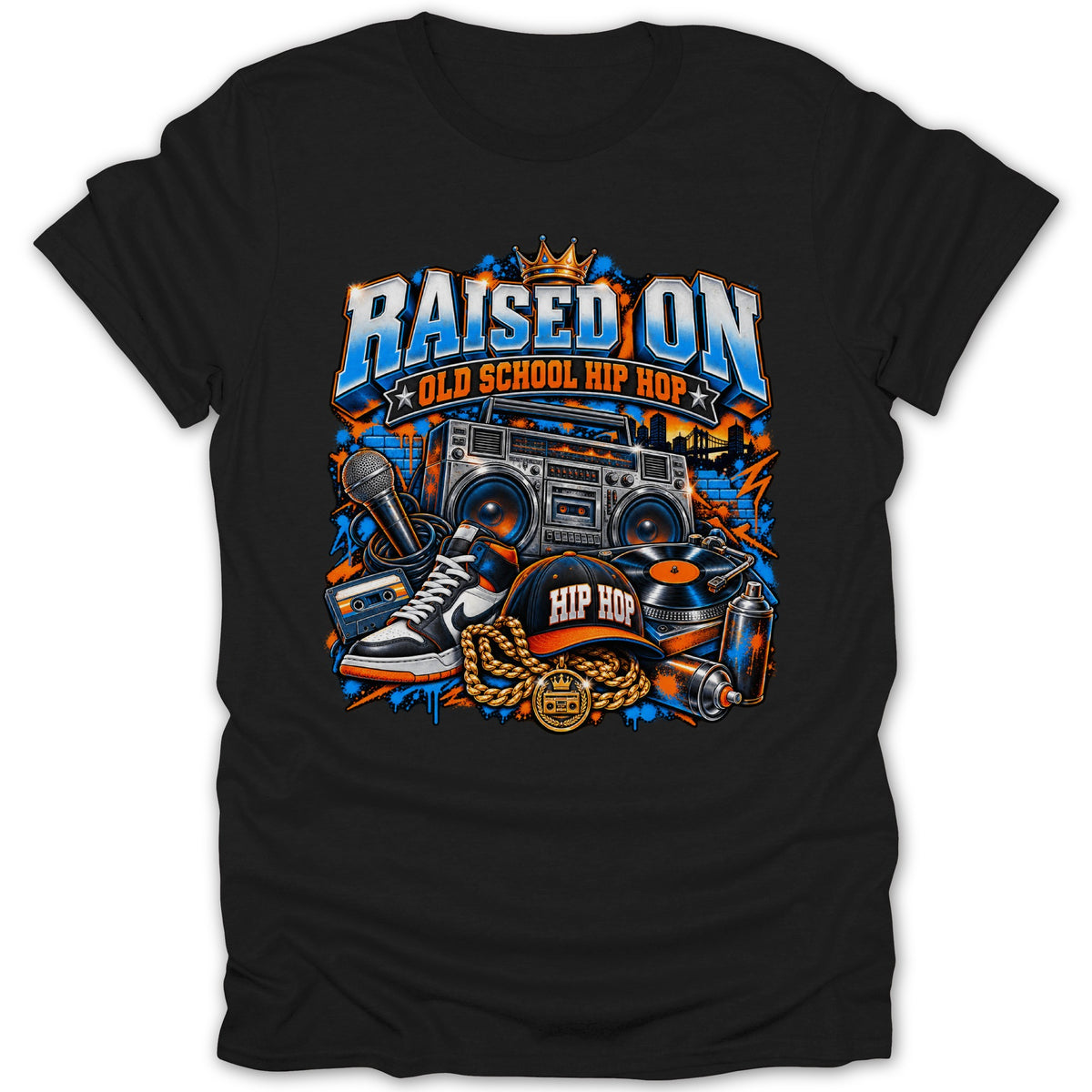 Black t-shirt with "RAISED ON OLD SCHOOL HIP HOP" text and vintage hip hop graphics.