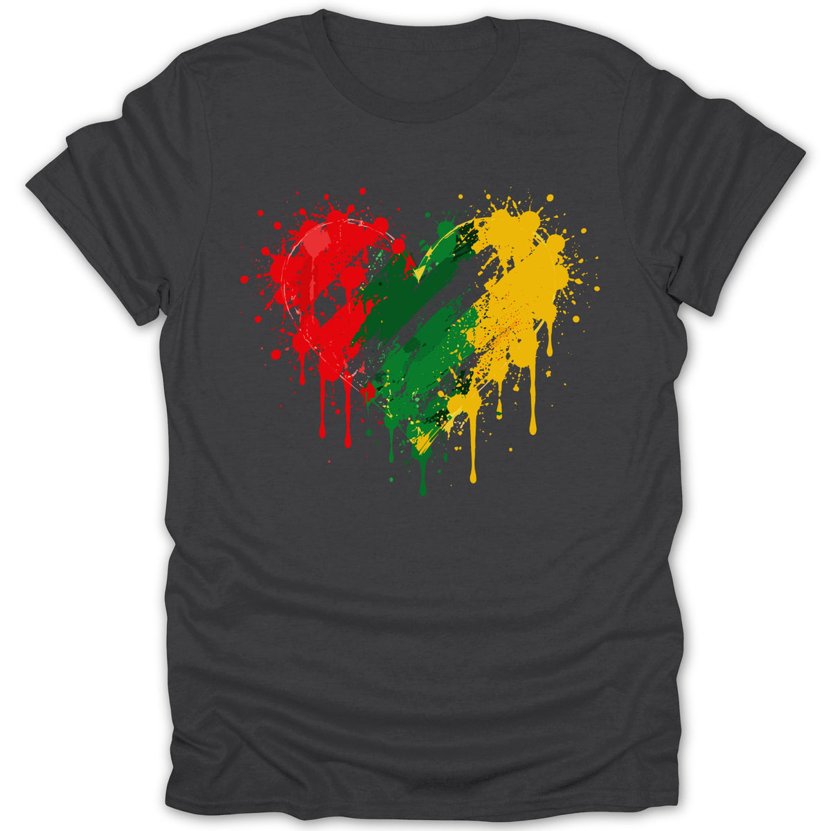 Dark grey t-shirt with a red, green, and yellow paint splatter heart design.