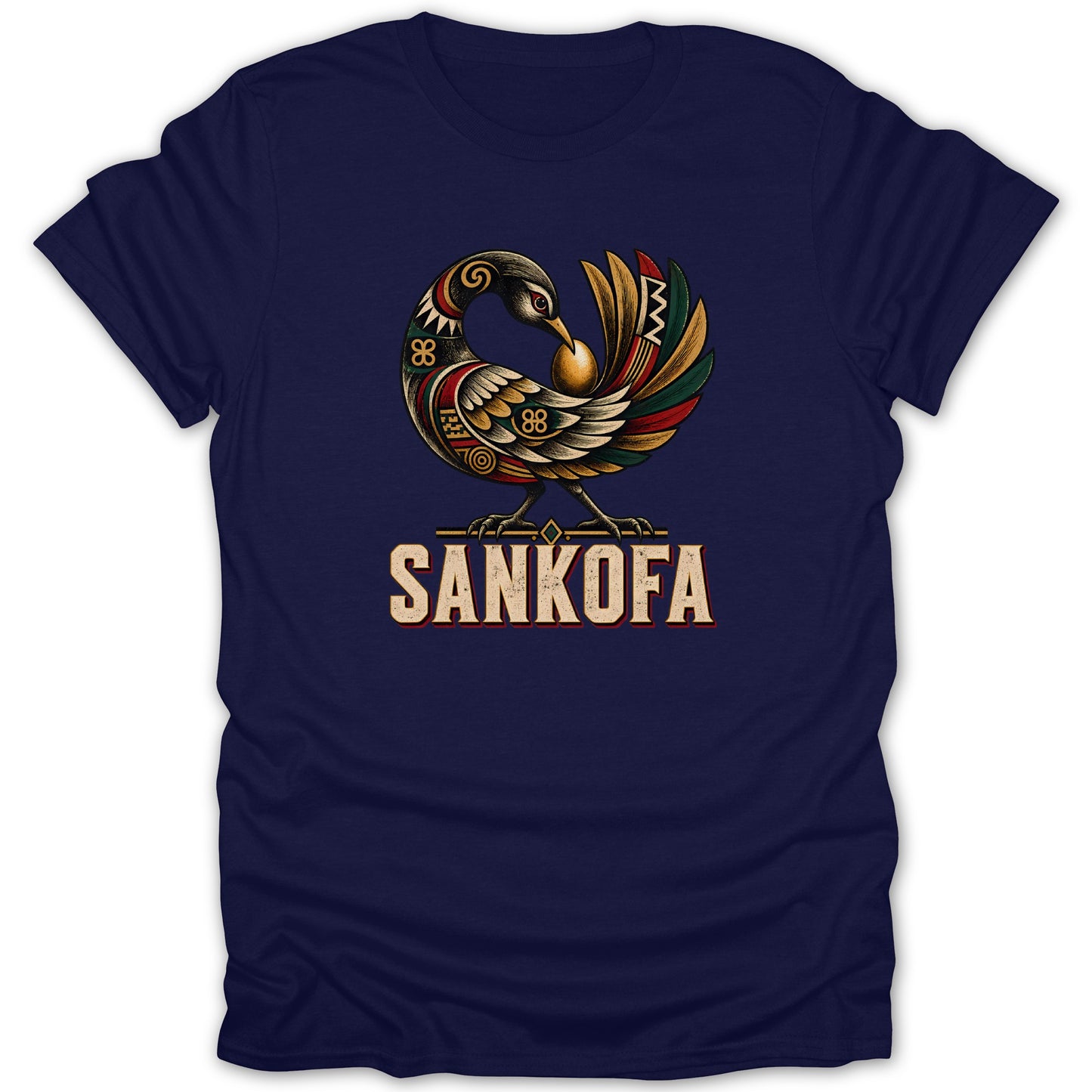 Navy t-shirt with Sankofa bird graphic and text "SANKOFA".