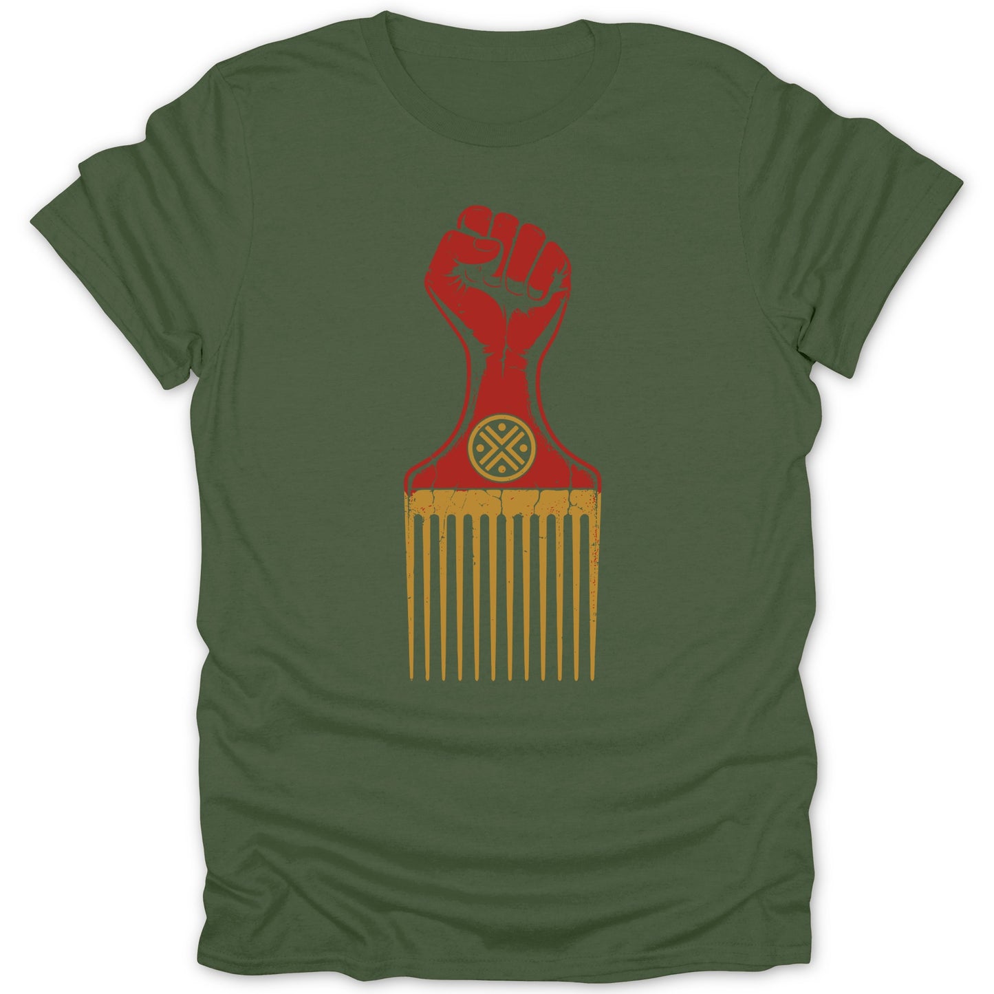 Green t-shirt with a red raised fist over a golden afro pick.