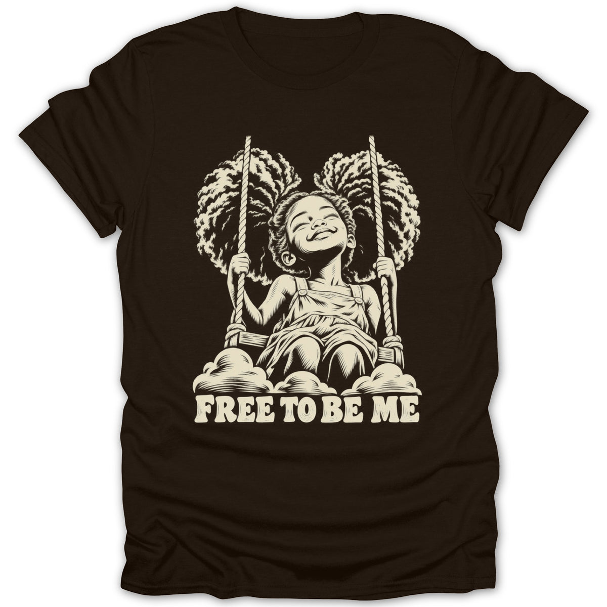 Illustration of a girl on a swing with text "FREE TO BE ME".