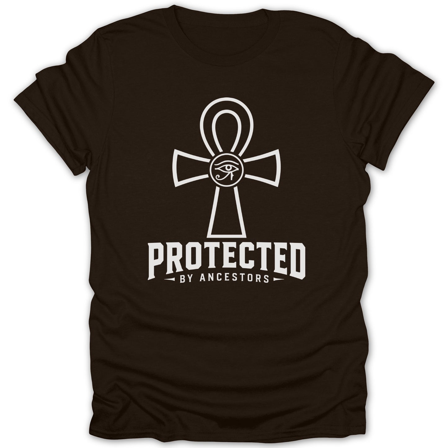 Brown t-shirt with an ankh and "Protected by Ancestors" text.