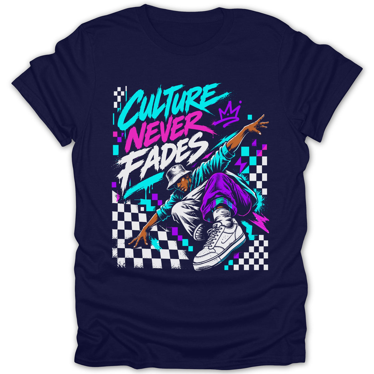 B-boy performing a dance move on a navy t-shirt with "CULTURE NEVER FADES" text.