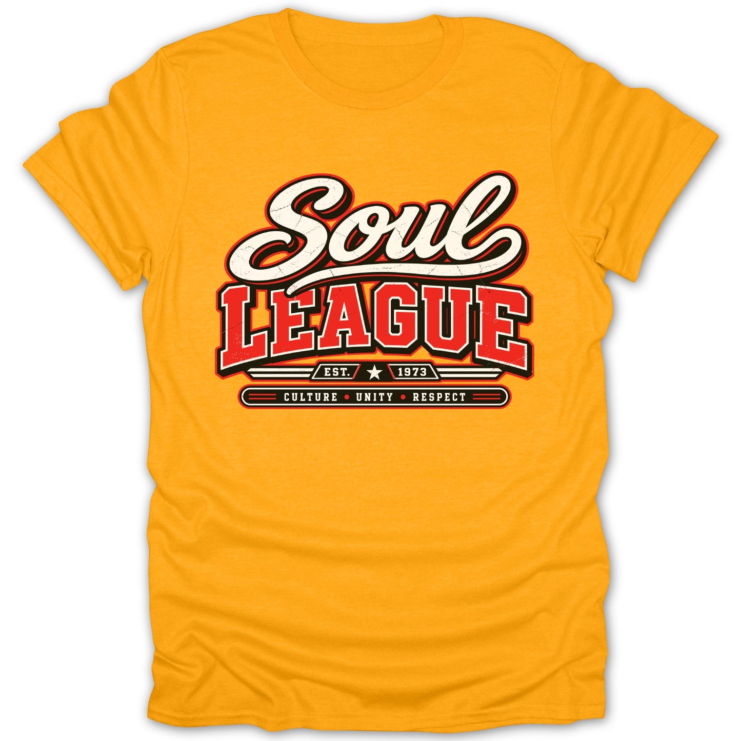 Yellow t-shirt with "Soul League" graphic and "Est. 1973 Culture Unity Respect" text.