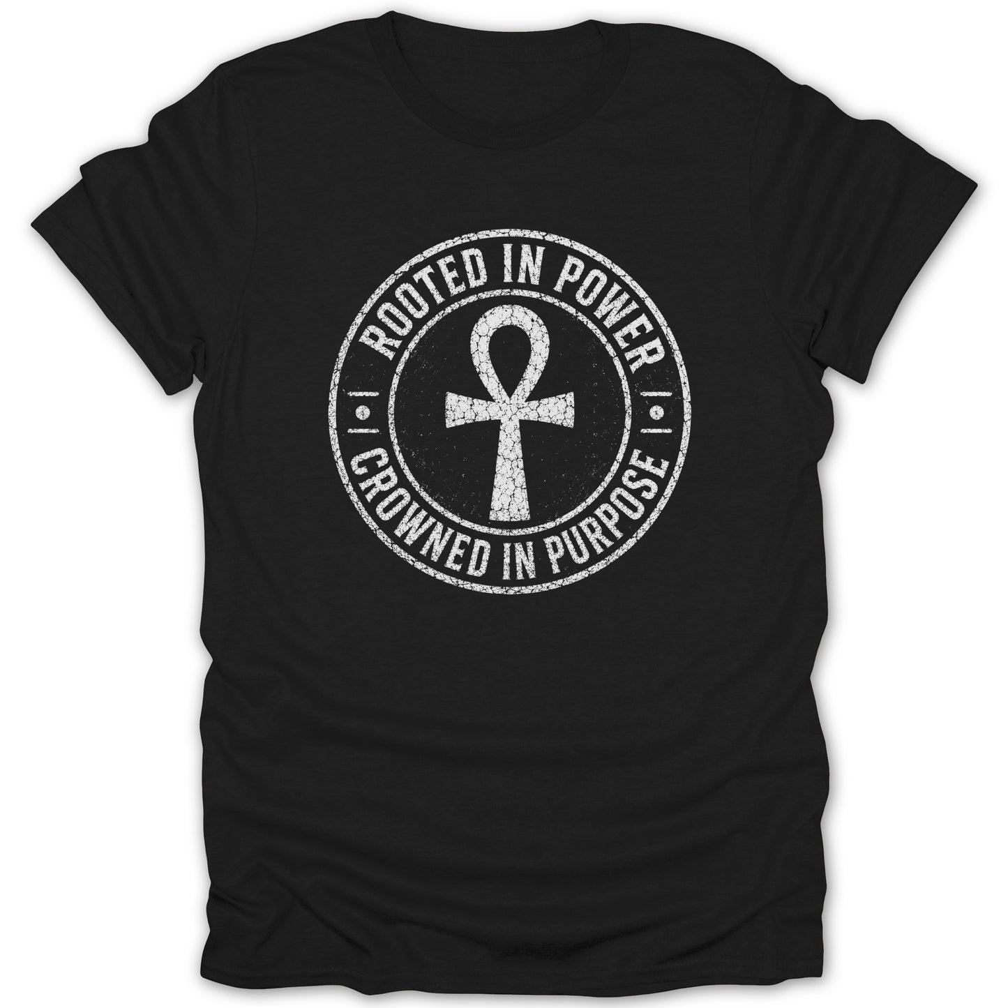 Black t-shirt with white circular graphic featuring an ankh and text.