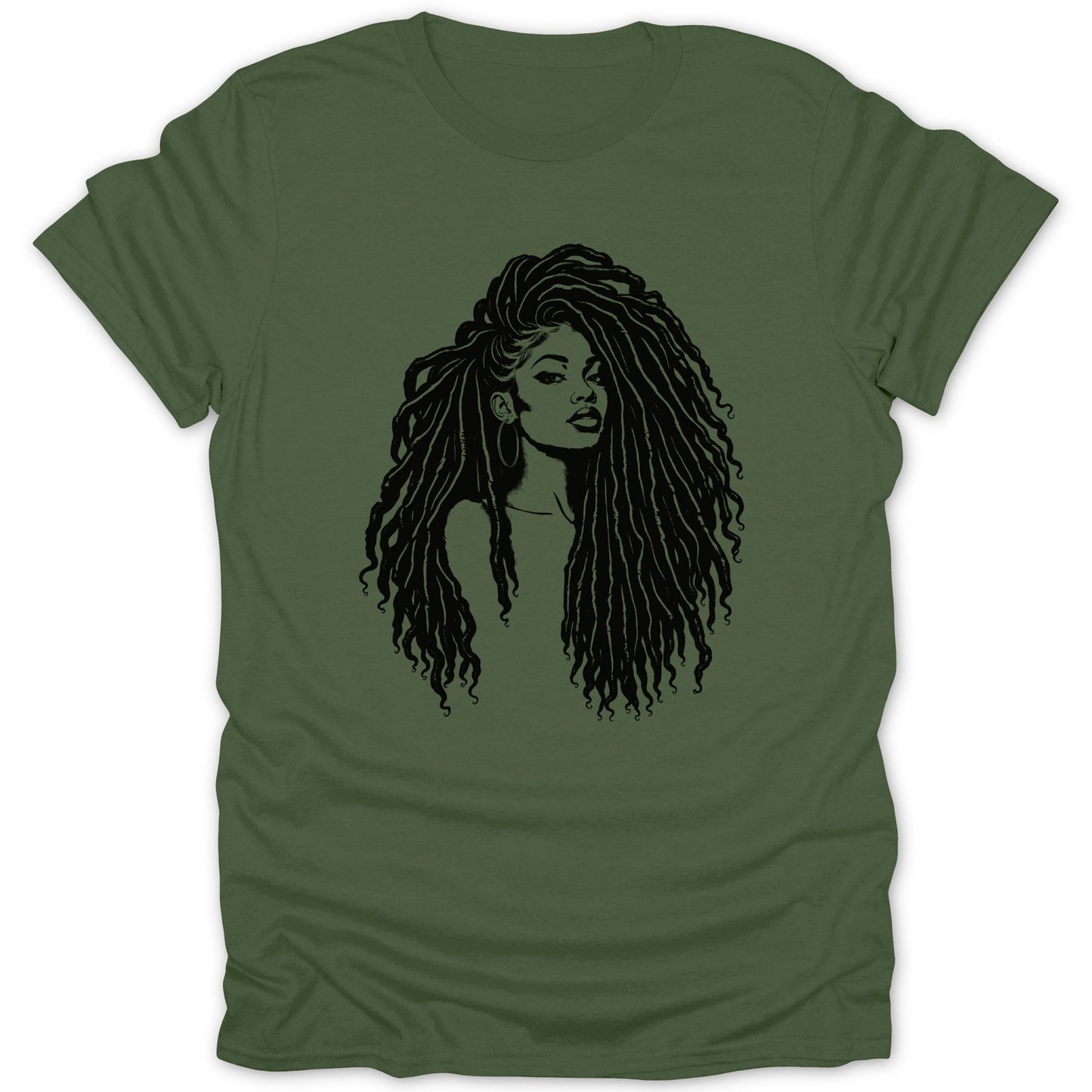 Black line art of a woman with long dreadlocks on a green t-shirt.