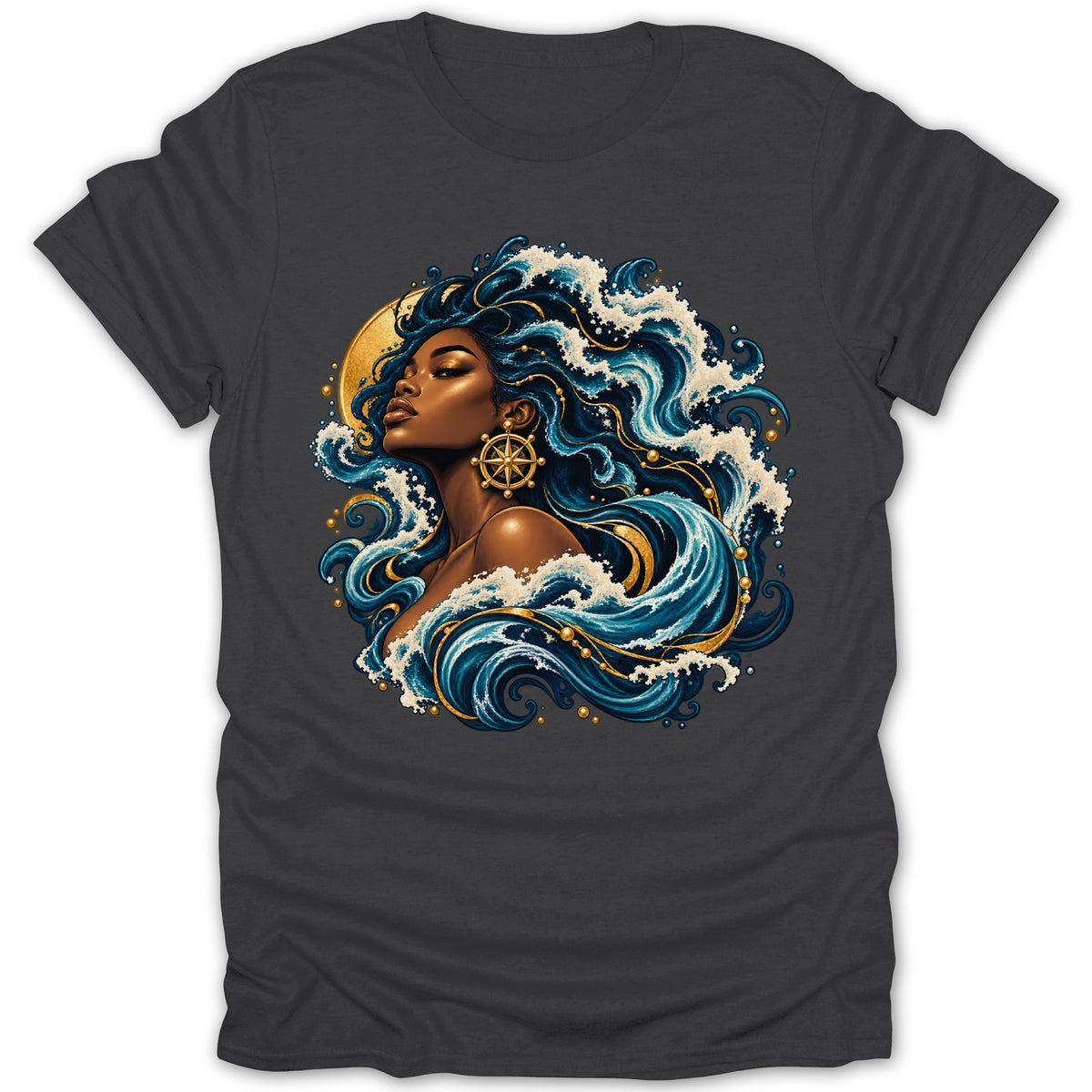 Woman with flowing blue hair and golden accents, surrounded by waves and a golden circle.