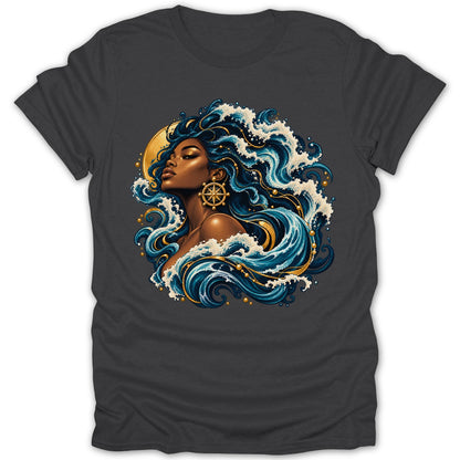 Woman with flowing blue hair and golden accents, surrounded by waves and a golden circle.