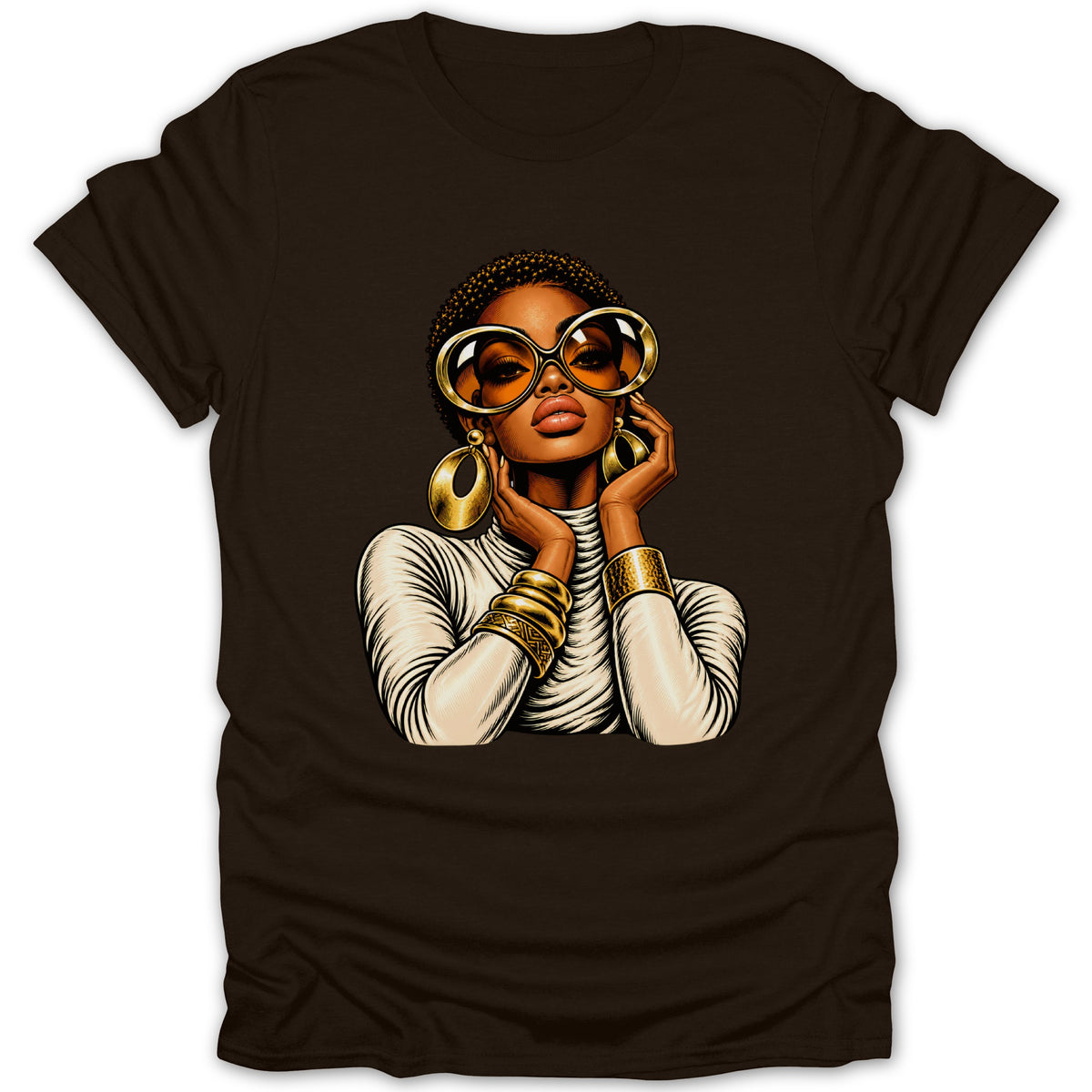 Illustration of a woman with large sunglasses and gold jewelry on a brown t-shirt.