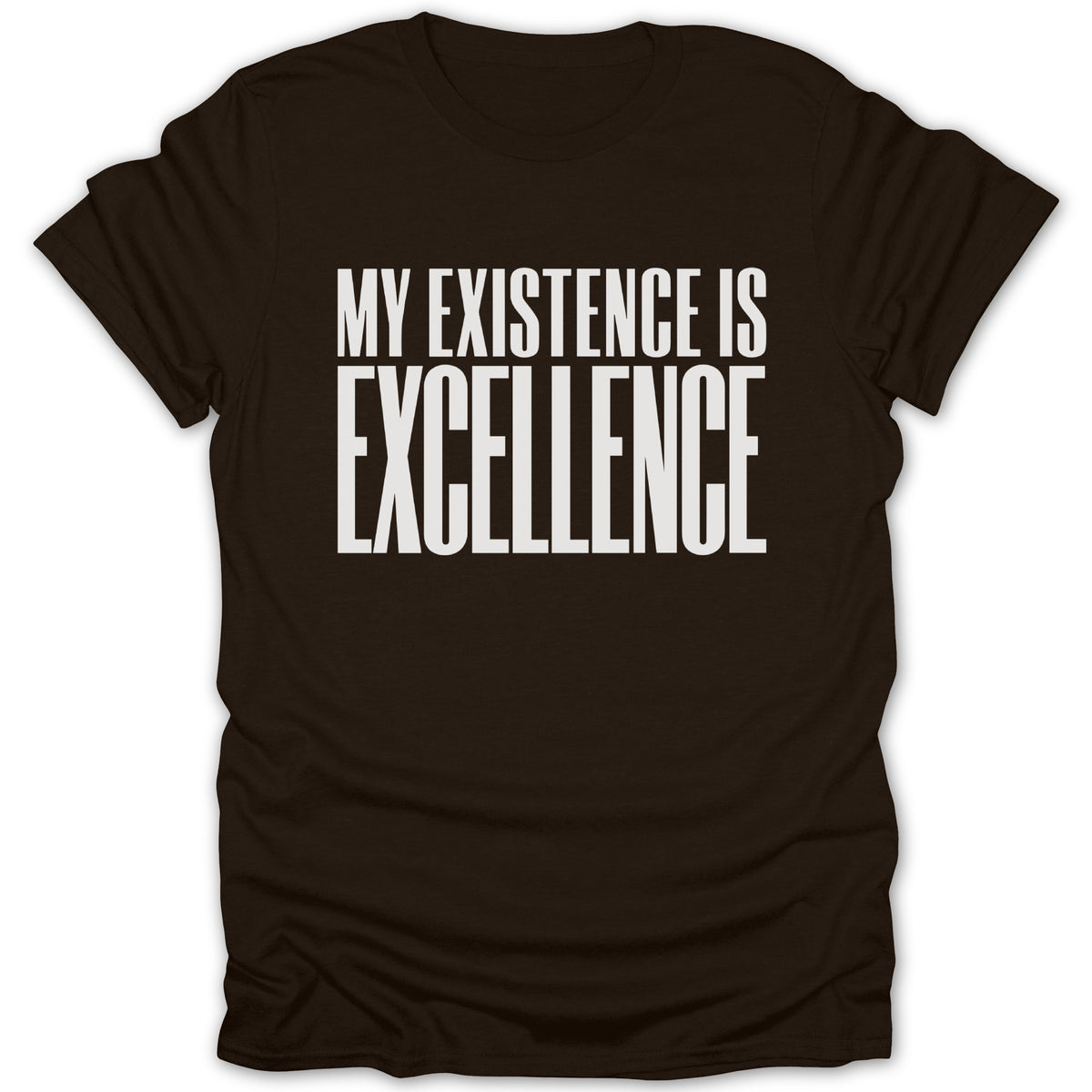 Brown t-shirt with white text reading "MY EXISTENCE IS EXCELLENCE".