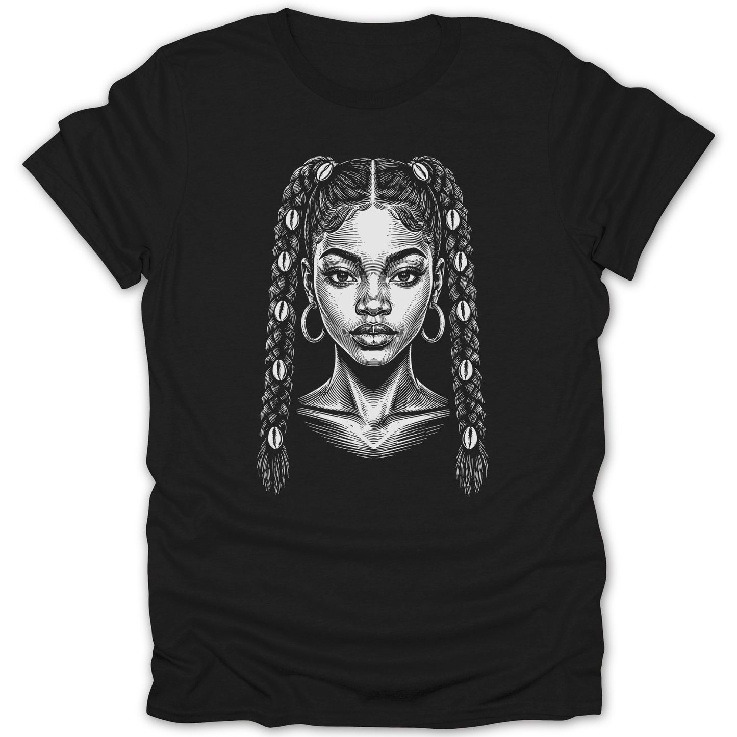 Black t-shirt with an engraved portrait of a woman with braided hair.