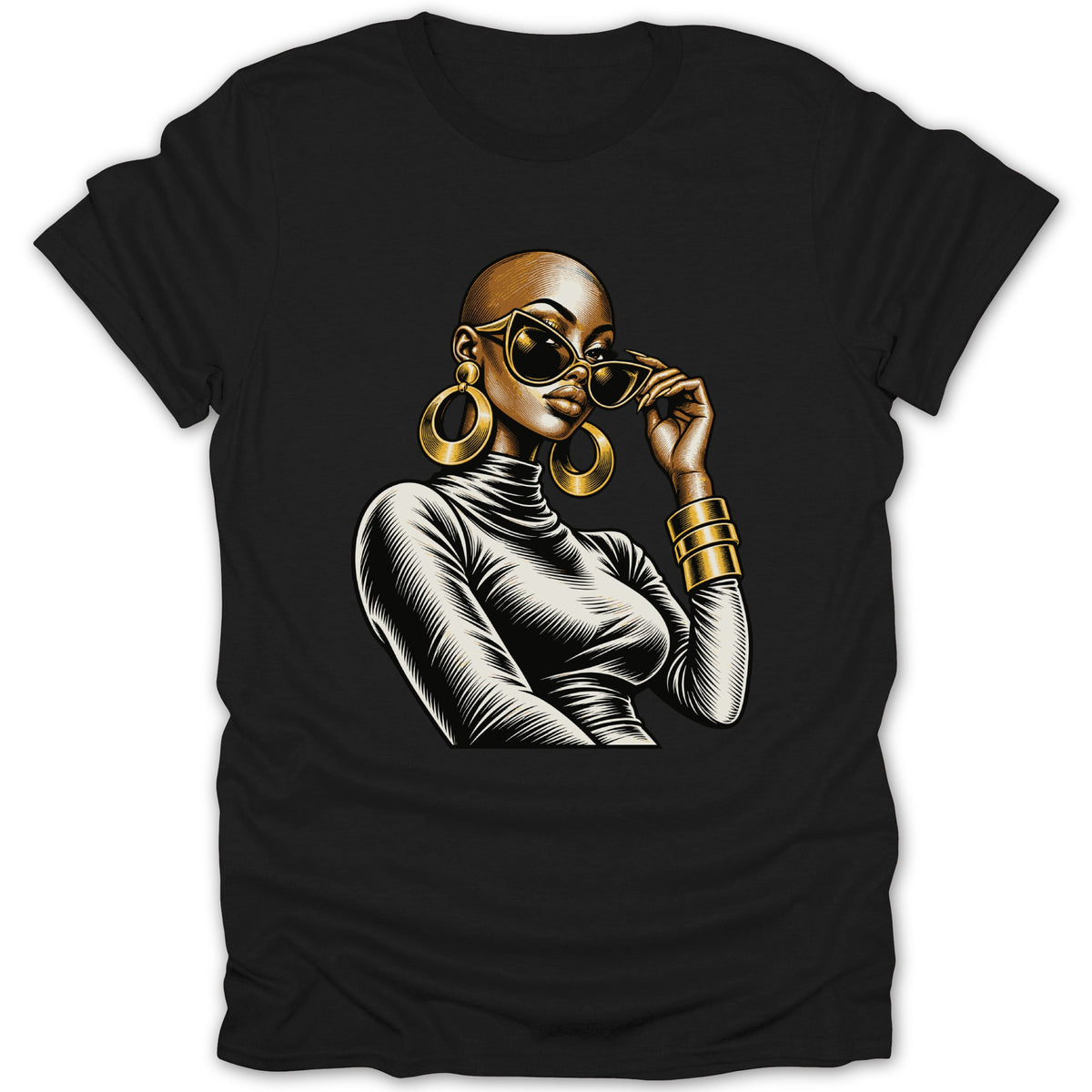 Bald woman in sunglasses and gold jewelry on a black t-shirt.