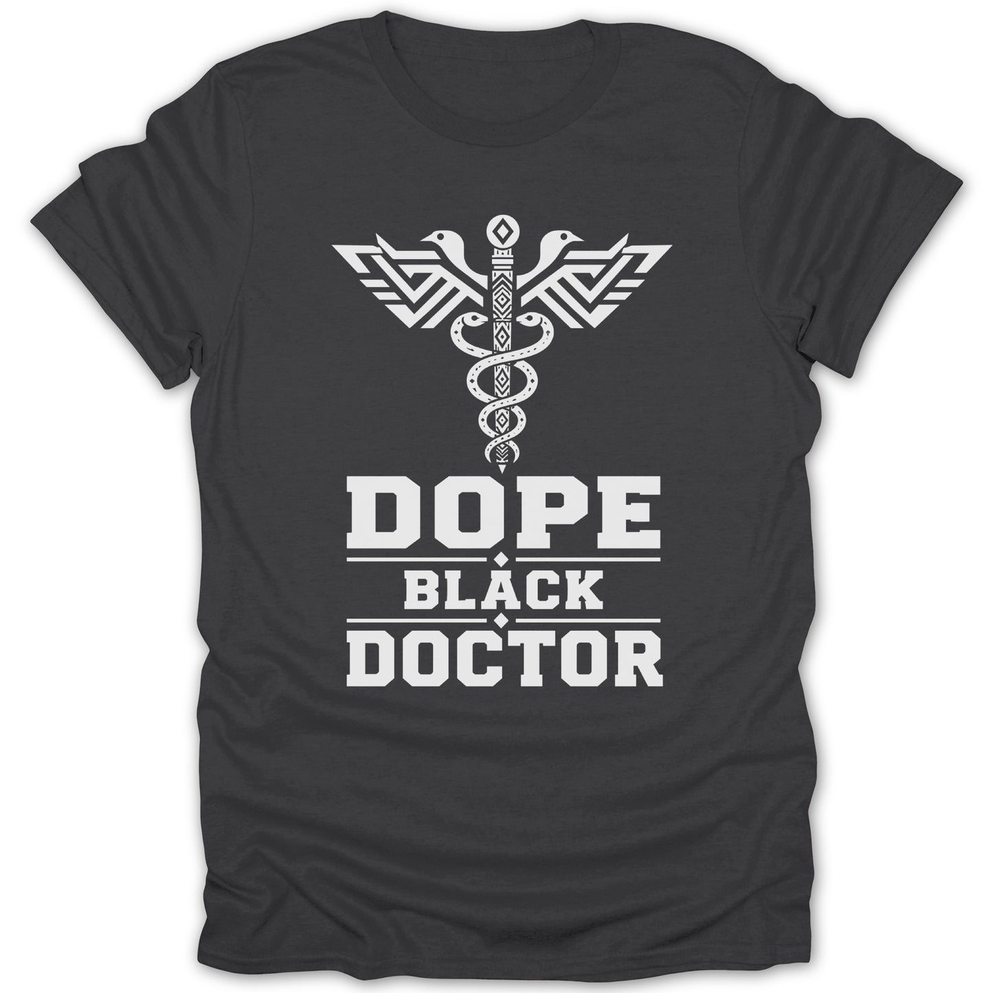 Black t-shirt with Dope Black Doctor text and caduceus symbol.