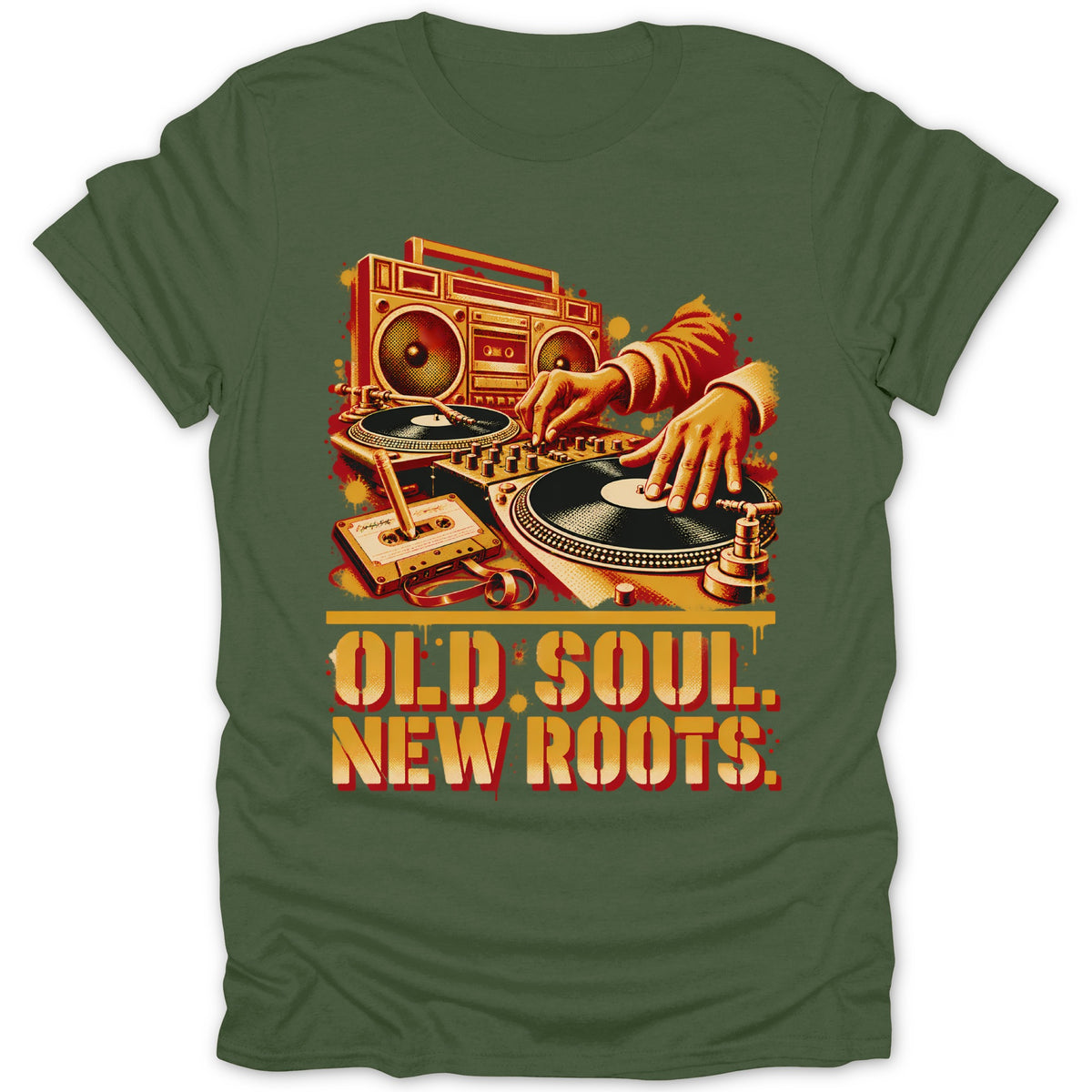 Olive green t-shirt featuring a retro DJ illustration, cassette tape, boombox, and Old Soul New Roots text.