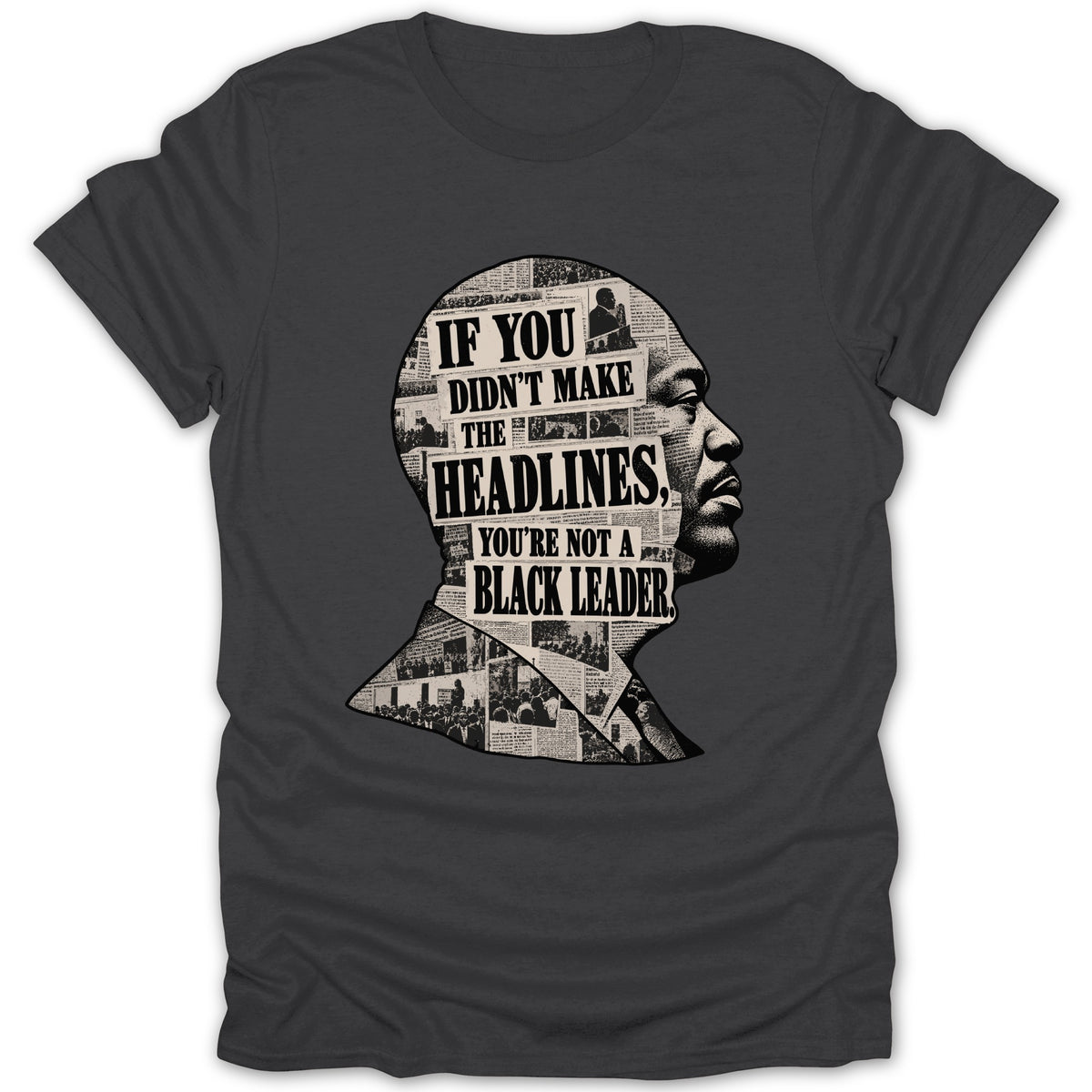 T-shirt with a profile silhouette filled with newspaper clippings and text.