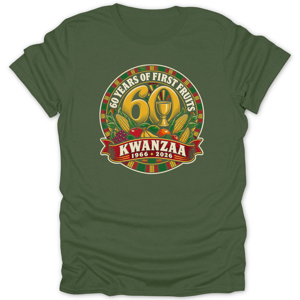An olive green t-shirt featuring a circular graphic that reads 60 Years of First Fruits Kwanzaa 1966-2026.