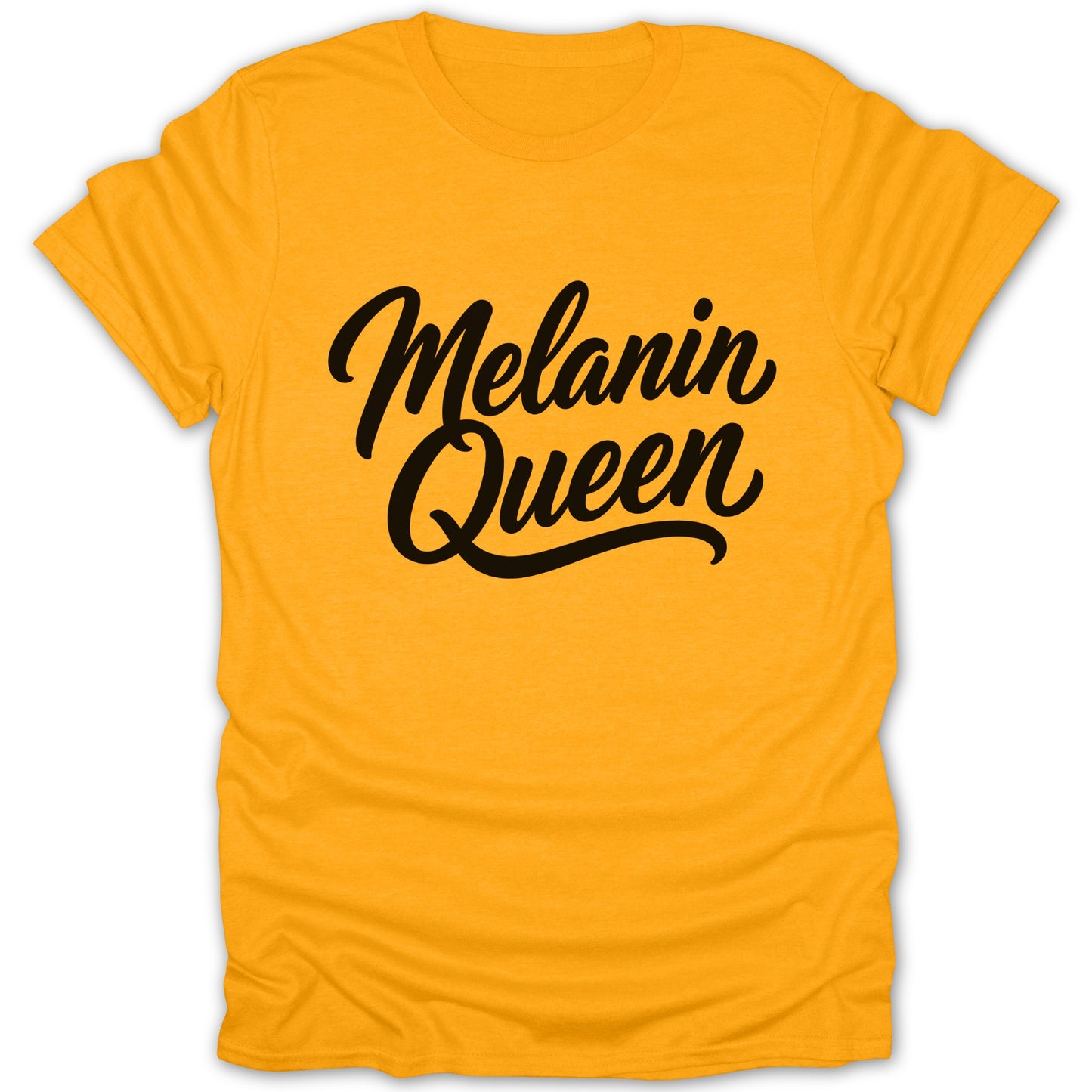 Yellow t-shirt with "Melanin Queen" in black script text.