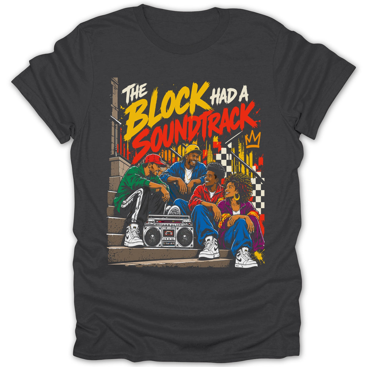 Four friends with boombox on stairs, text "The Block Had a Soundtrack".
