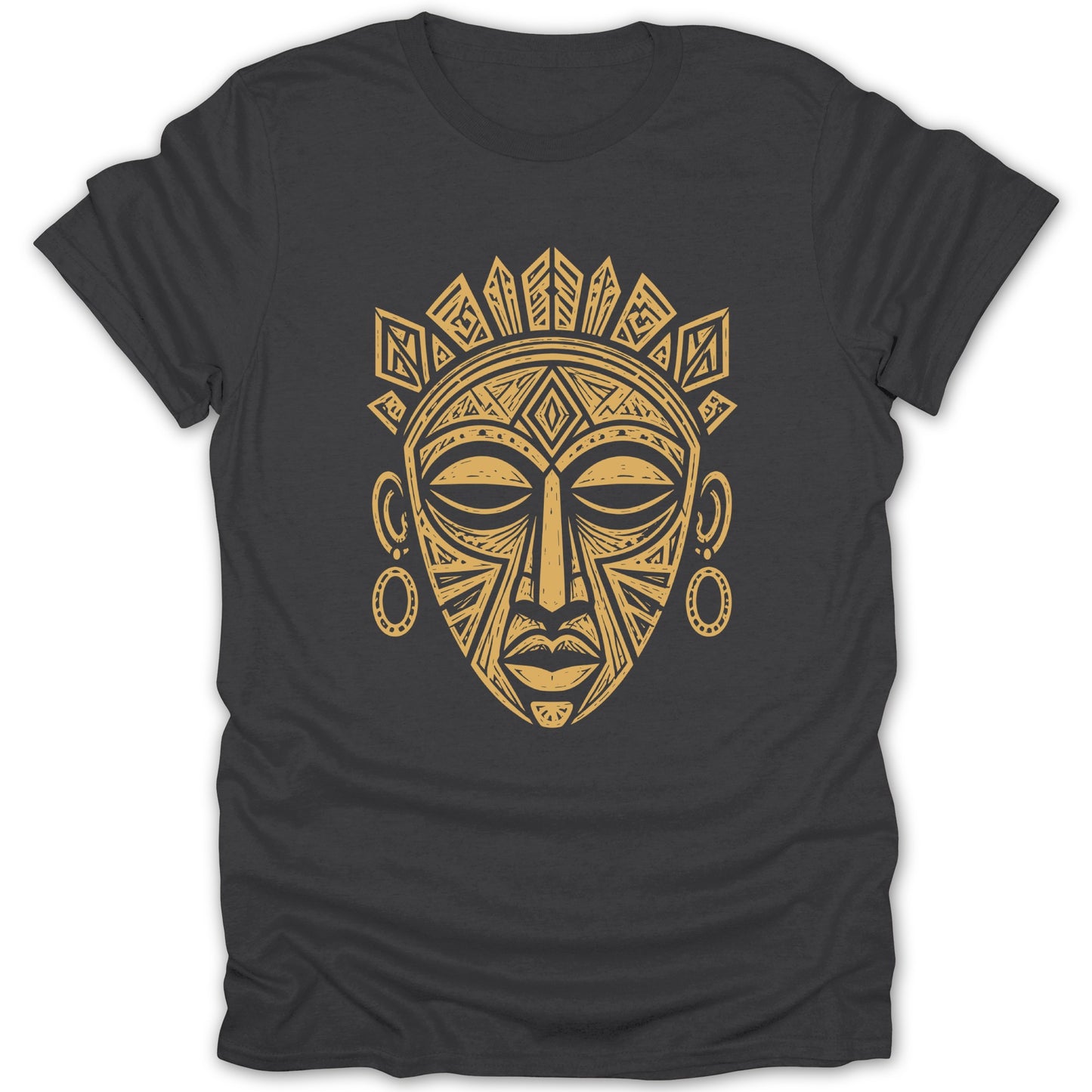 Dark gray t-shirt with a gold tribal mask design.