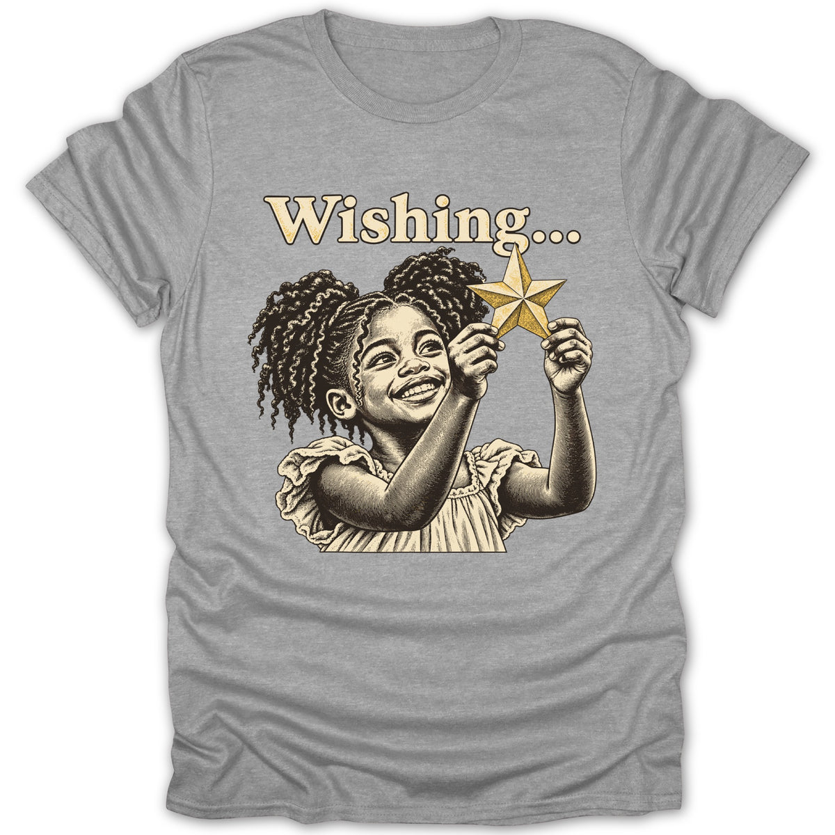 Illustration of a girl with curly hair holding a star, with text "Wishing...".
