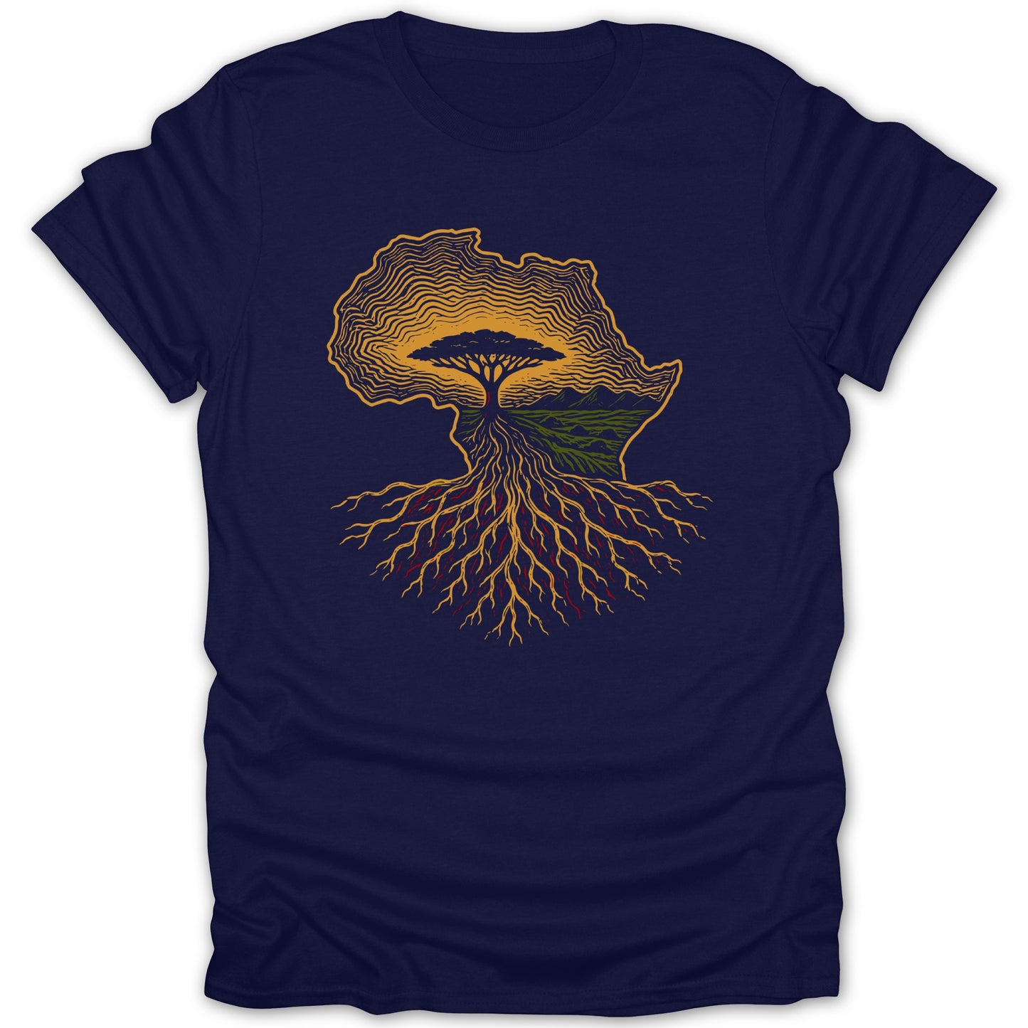 Dark blue t-shirt with a graphic of Africa's outline filled with tree roots, a tree, and hills.