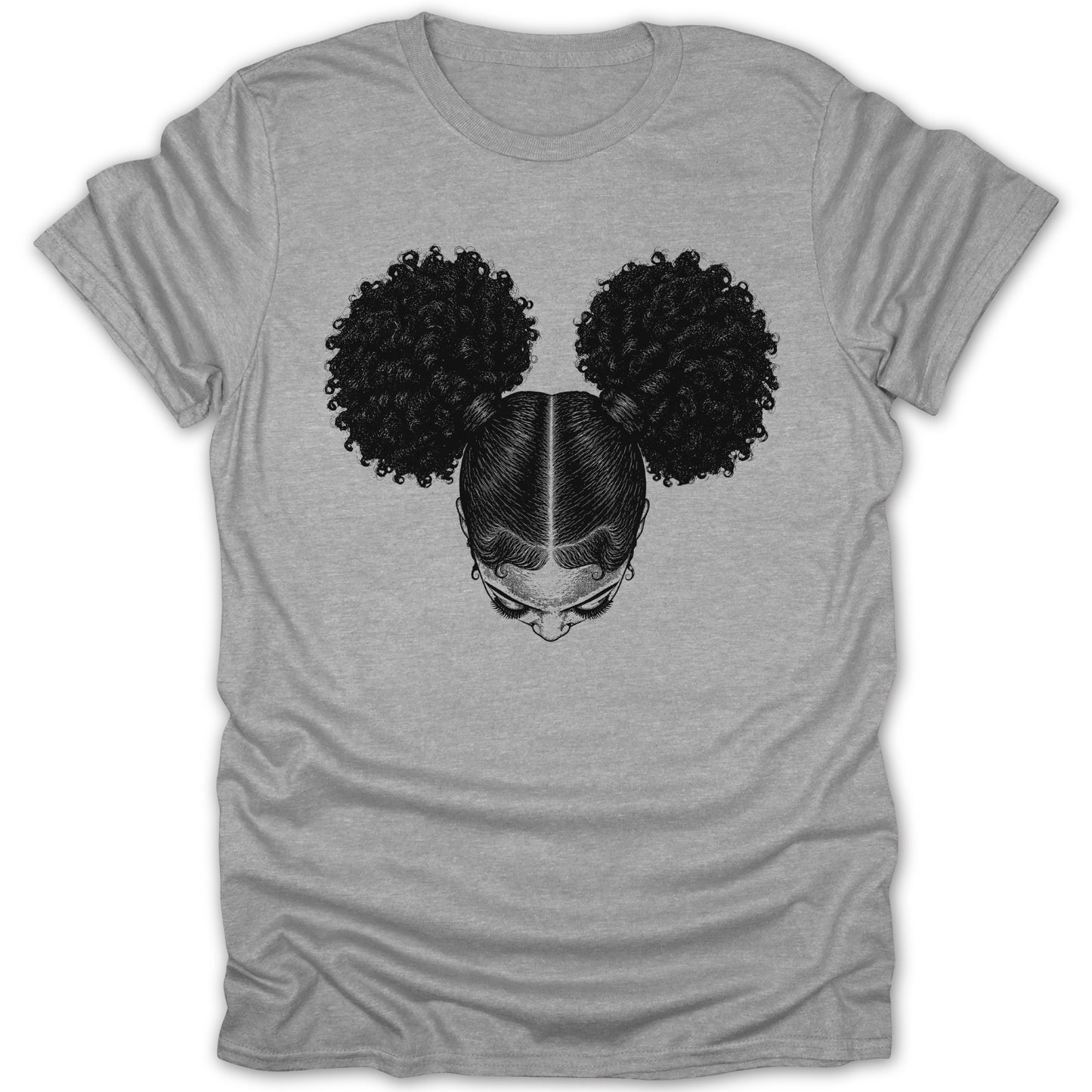 Black and white illustration of a girl with two buns hairstyle on a grey t-shirt.