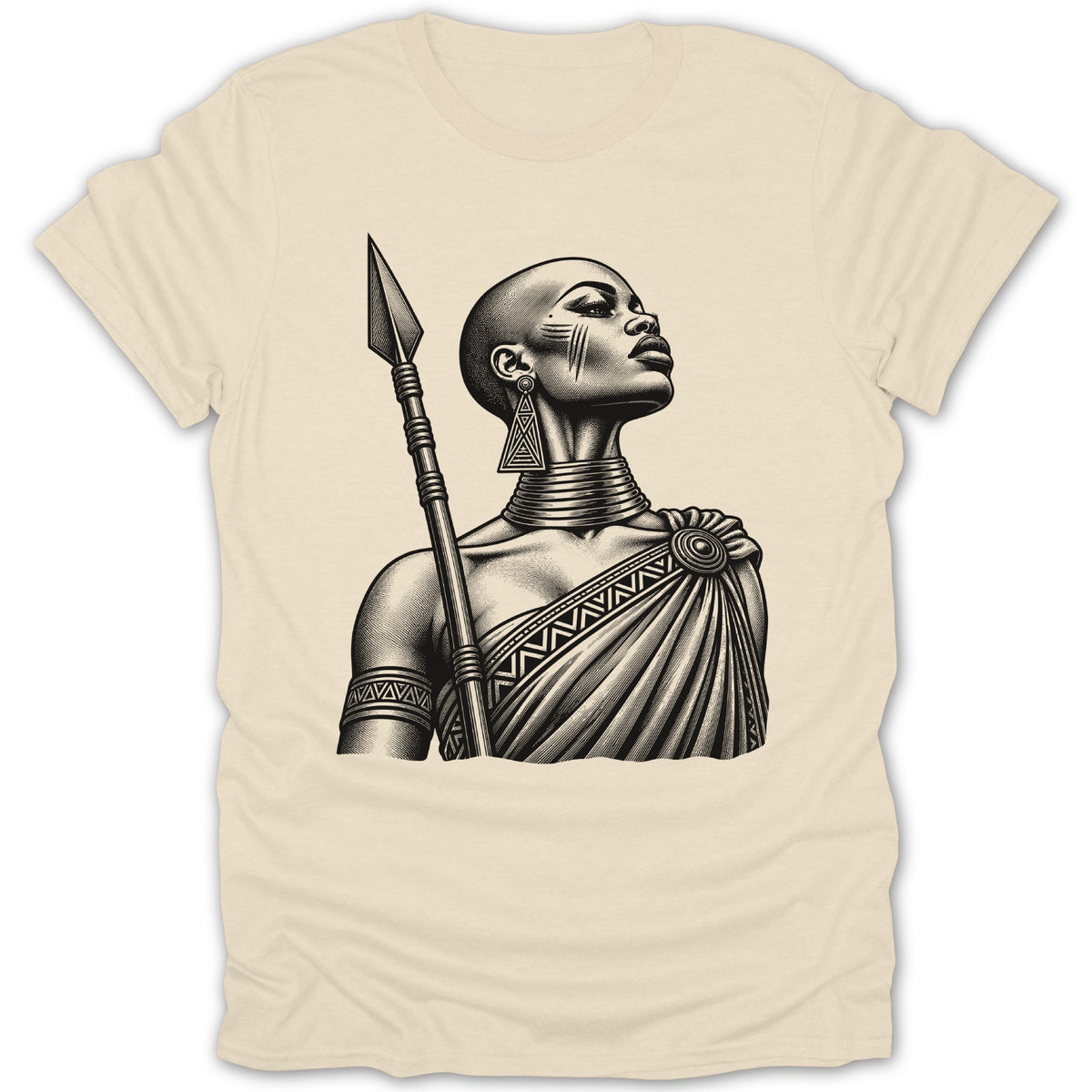 Black and white illustration of a bald woman holding a spear, wearing tribal jewelry.