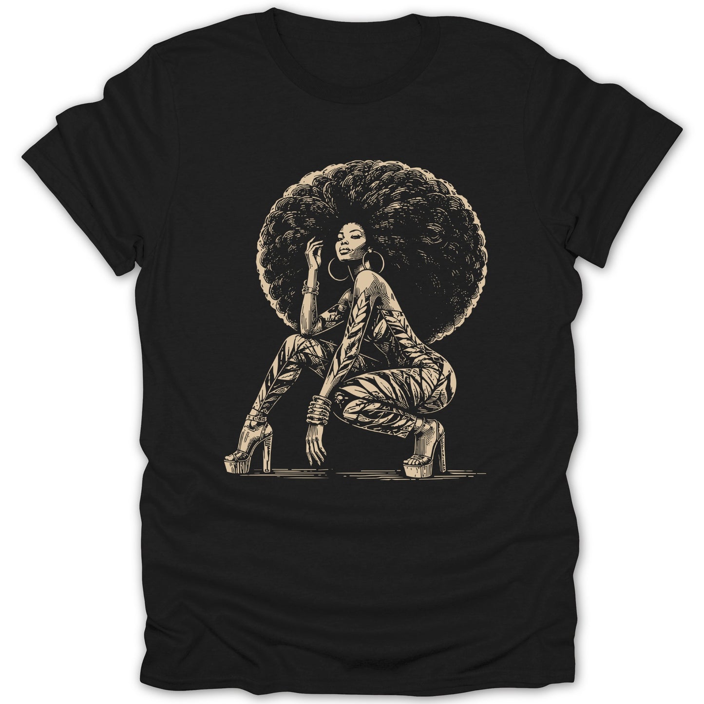 Black t-shirt with a vintage illustration of a woman with large afro hair.