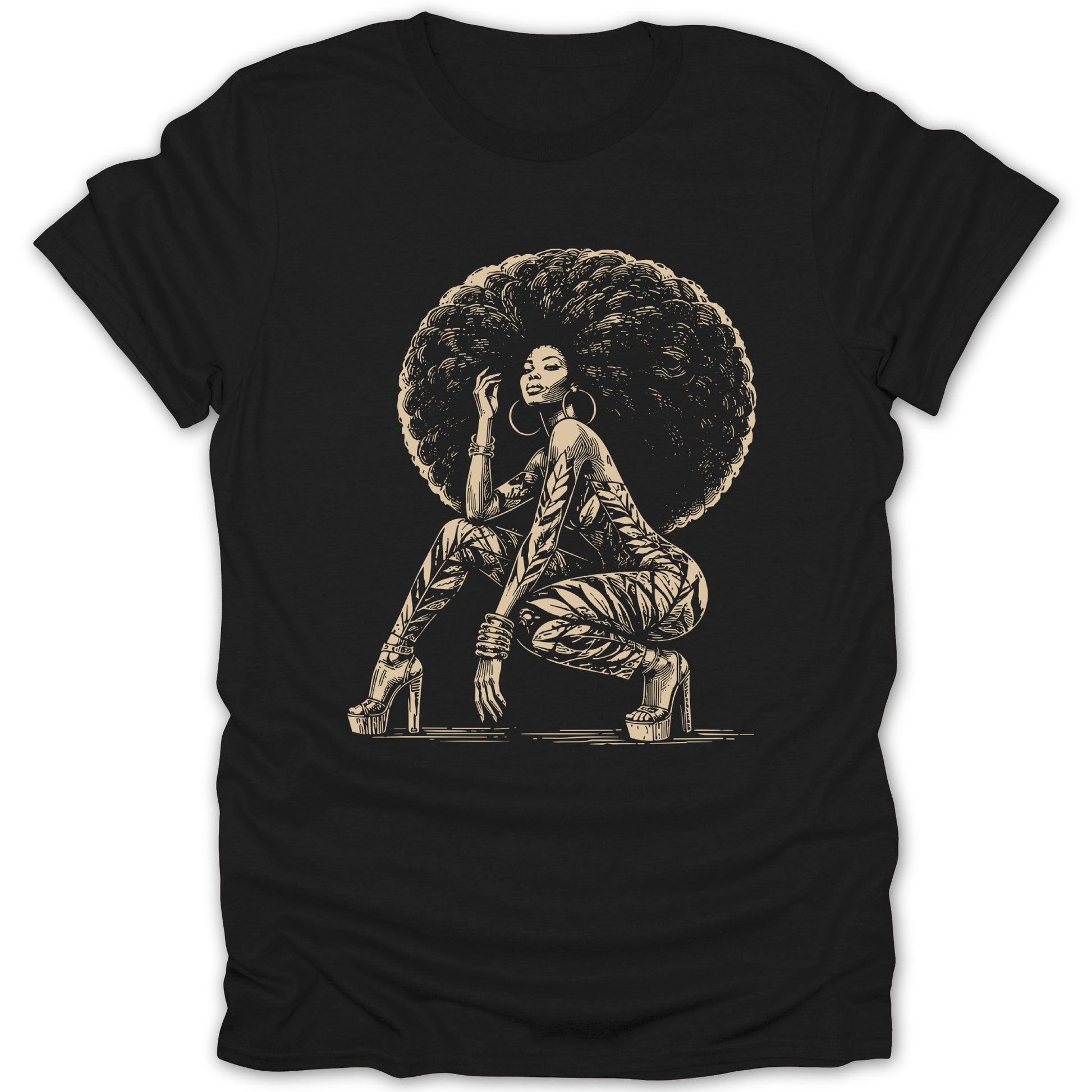 Black t-shirt with a vintage illustration of a woman with large afro hair.